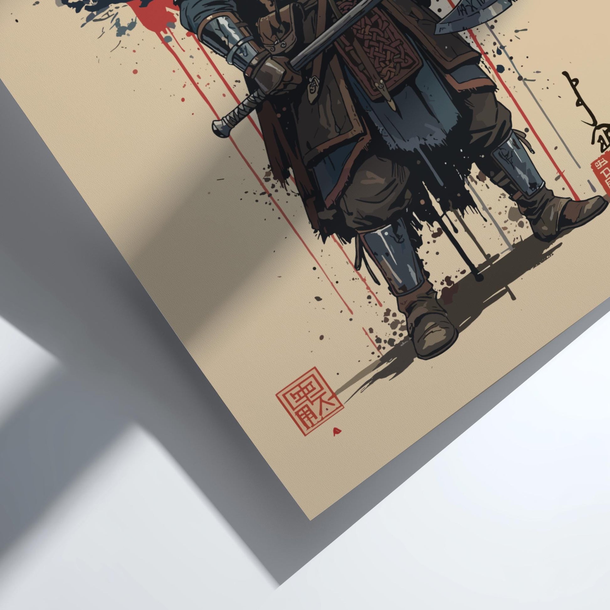 Viking Warrior Japanese Ink Art Print, Sumi-e Rising Sun Poster, Mixed Media Wall Decor