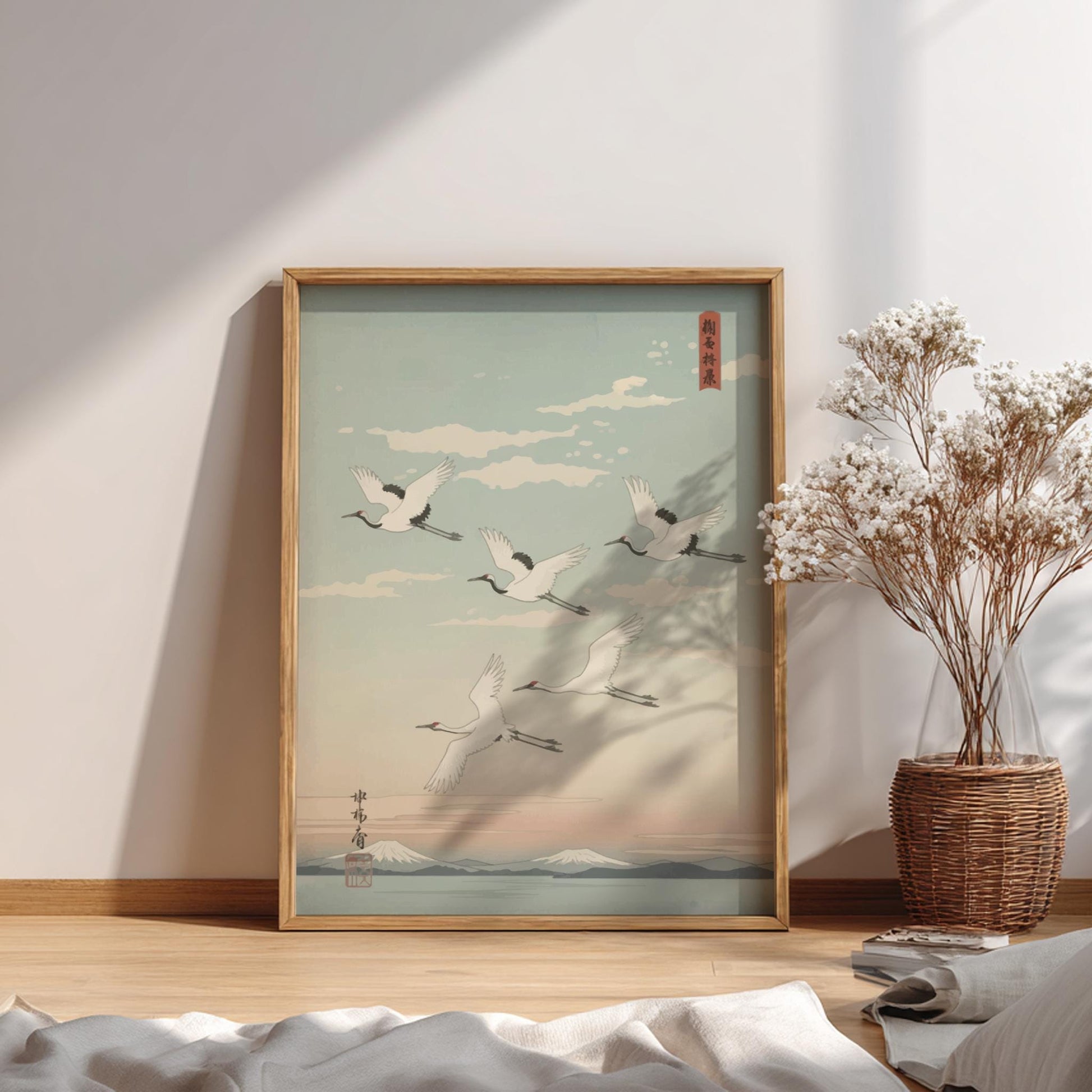Flying Cranes Poster – Minimal Japanese Landscape Print