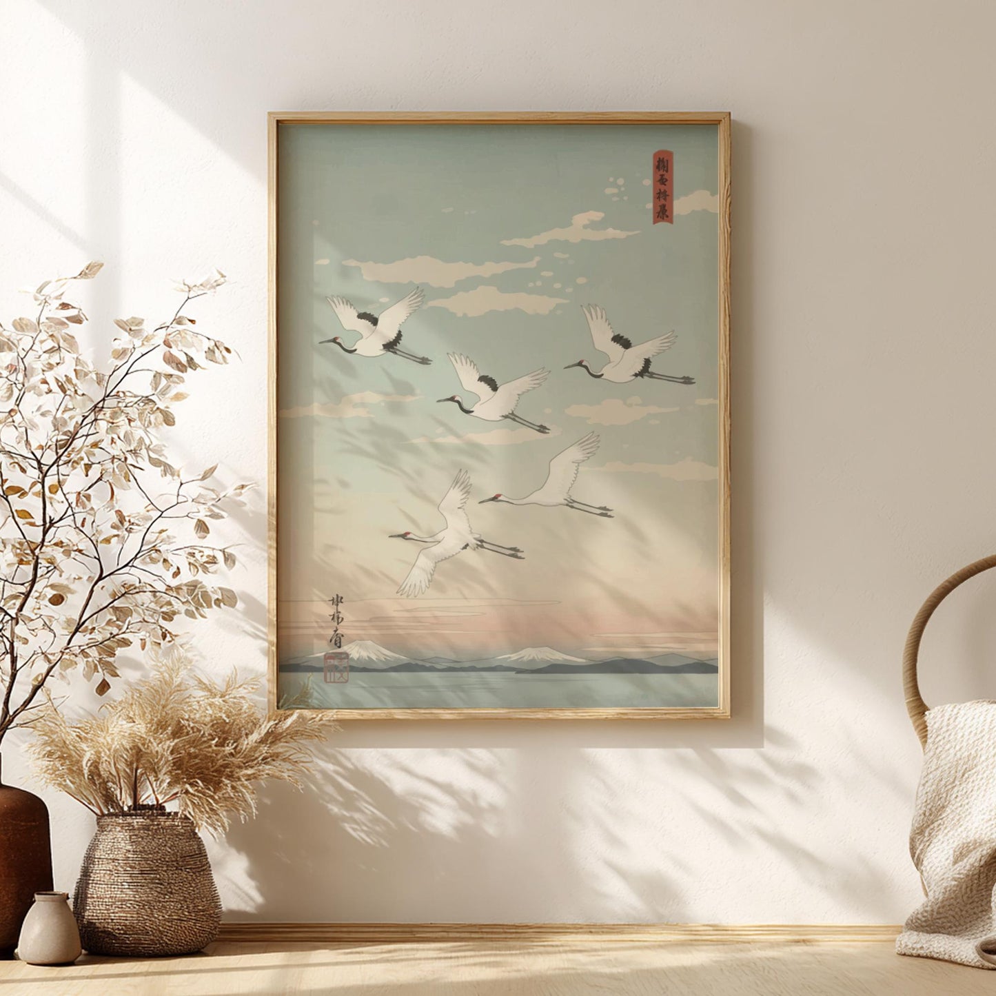 Flying Cranes Poster – Minimal Japanese Landscape Print