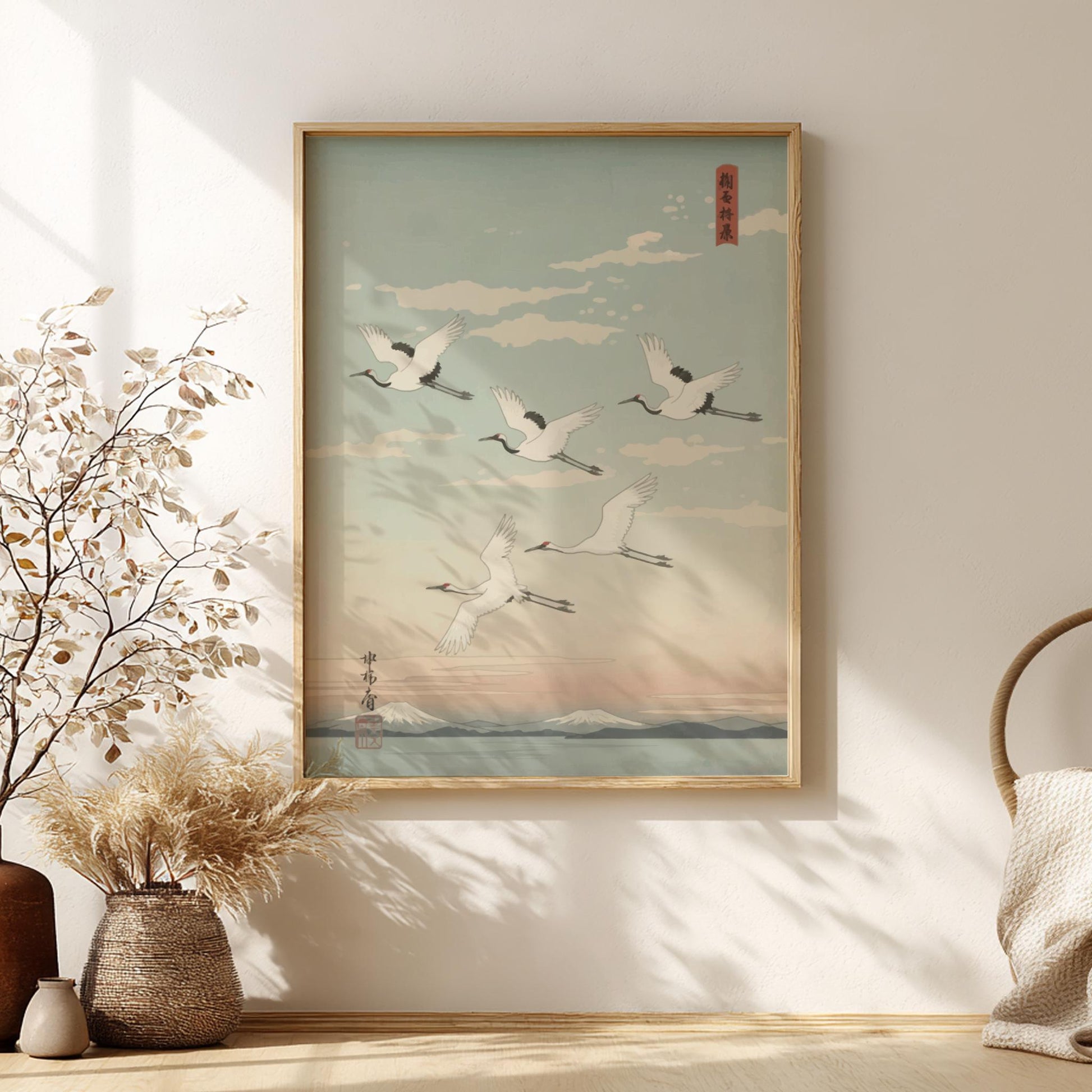 Flying Cranes Poster – Minimal Japanese Landscape Print