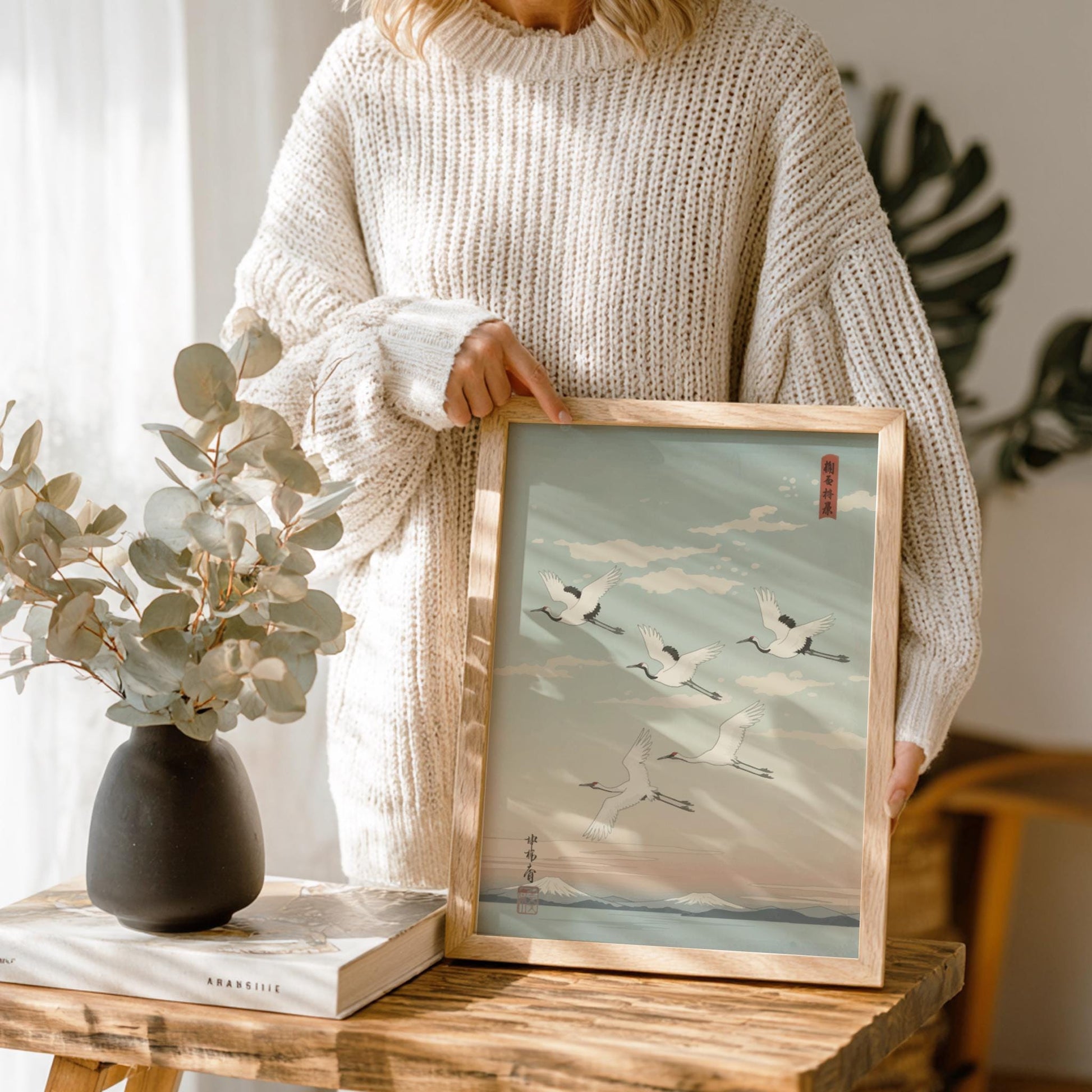 Flying Cranes Poster – Minimal Japanese Landscape Print