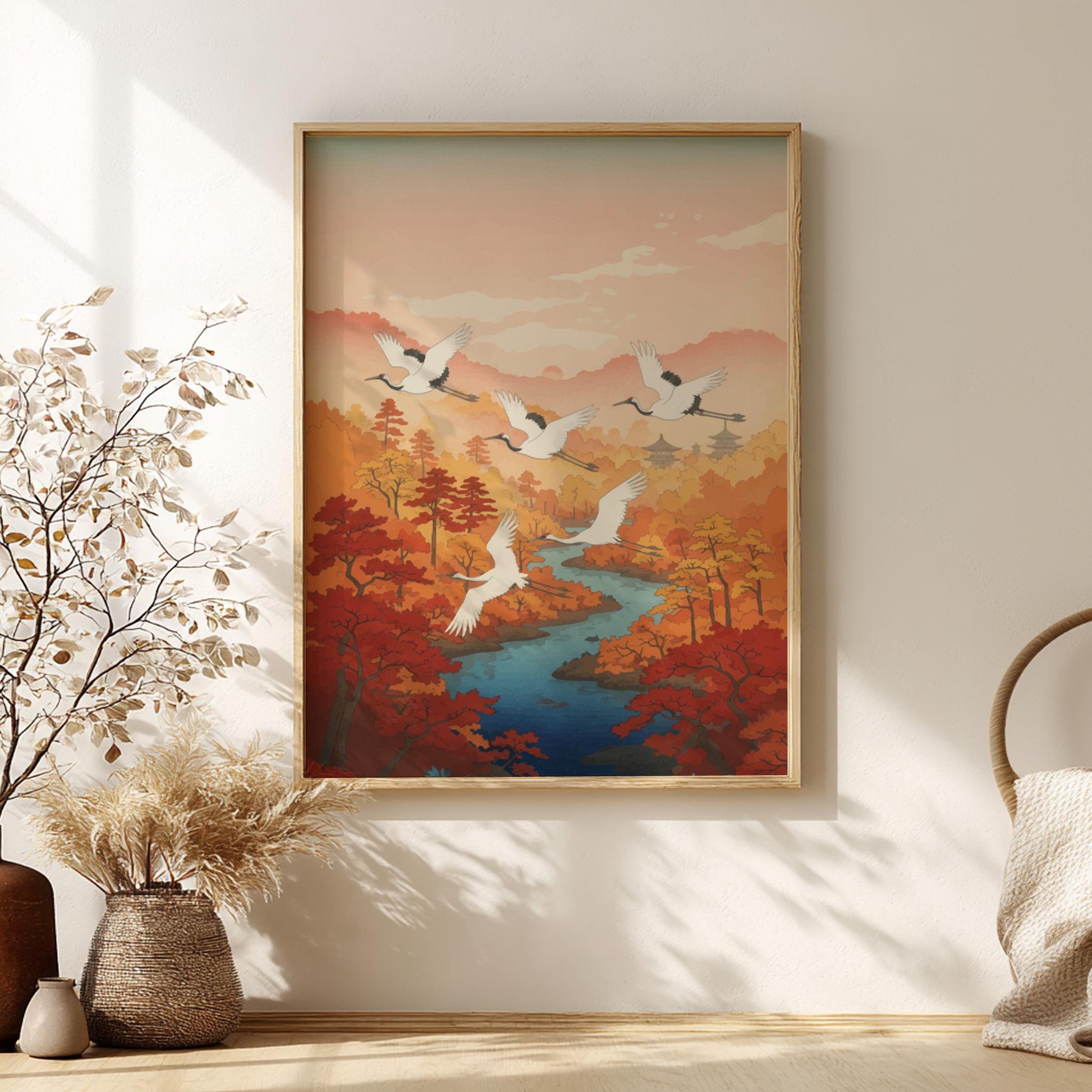 Autumn Cranes Poster – Vintage Japanese River Art Print