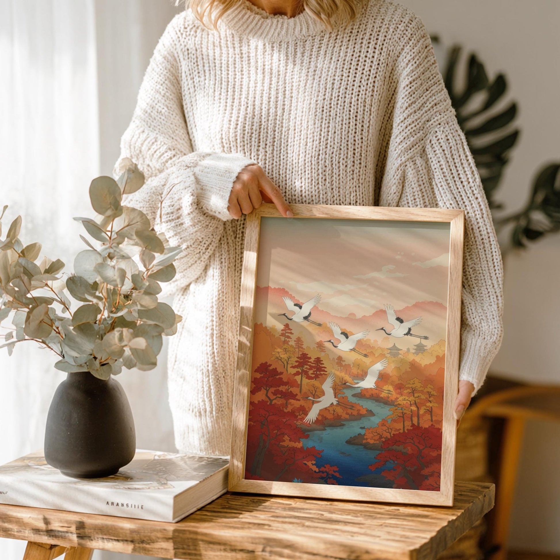 Autumn Cranes Poster – Vintage Japanese River Art Print