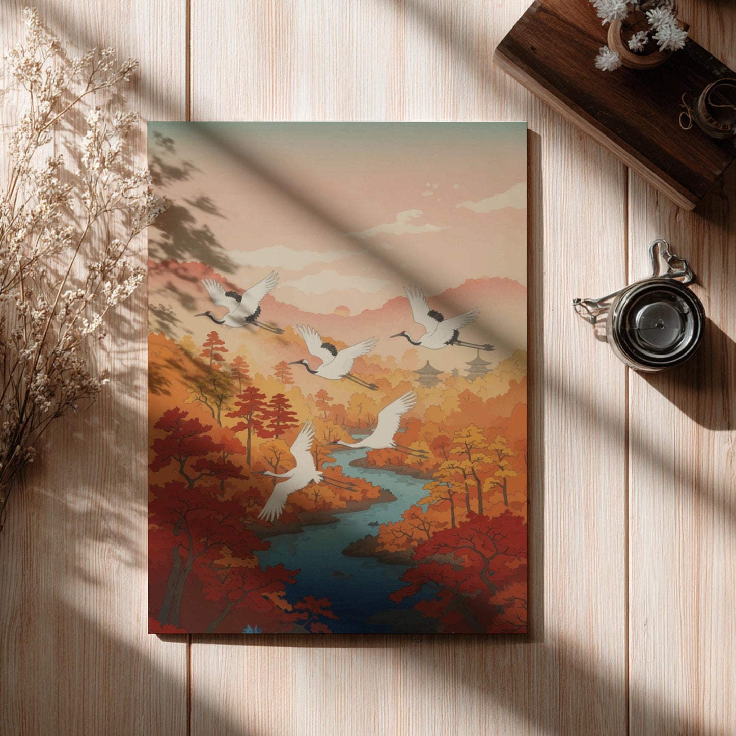 Autumn Cranes Poster – Vintage Japanese River Art Print