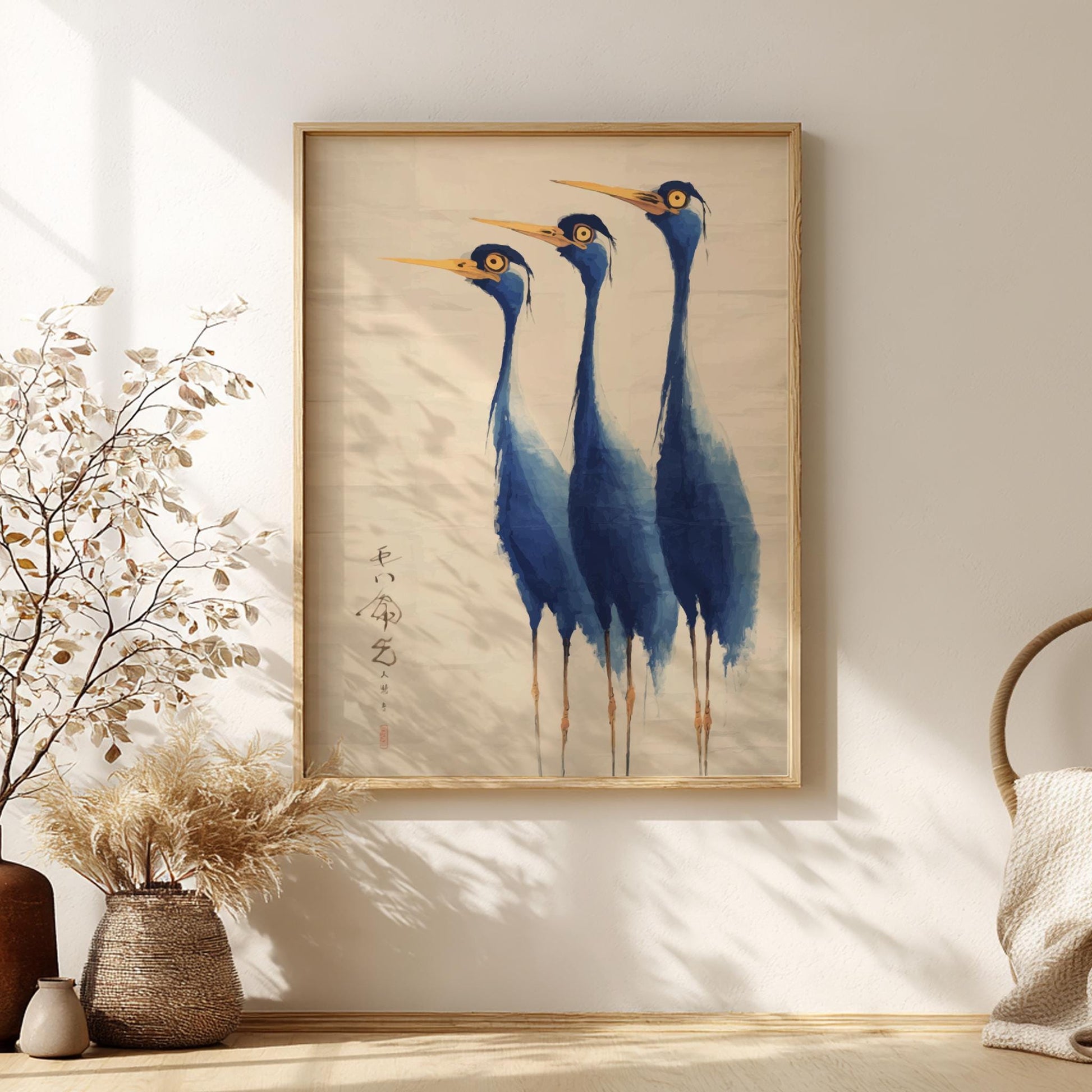 Blue Crane Poster – Elegant Minimal Japanese Bird Art