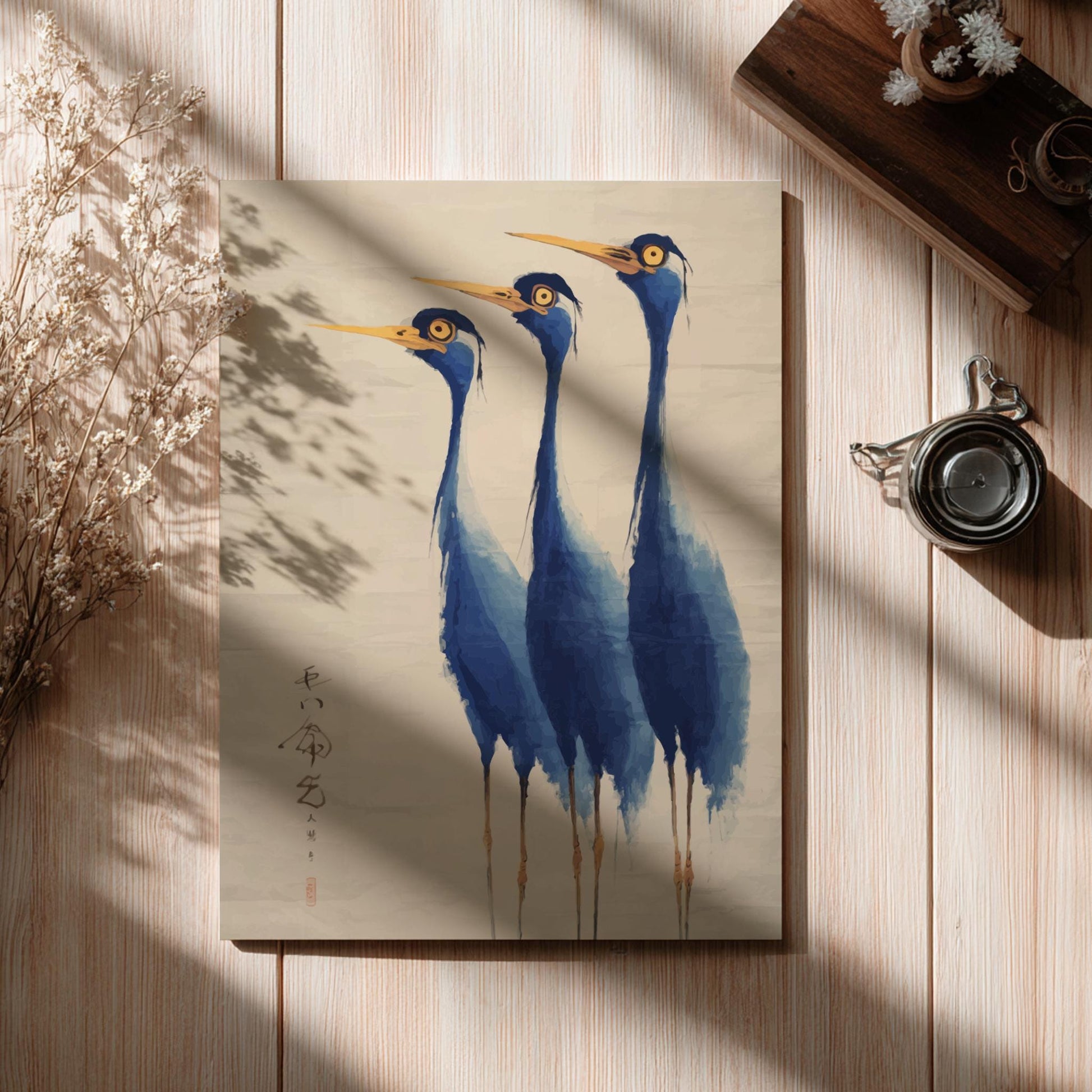Blue Crane Poster – Elegant Minimal Japanese Bird Art