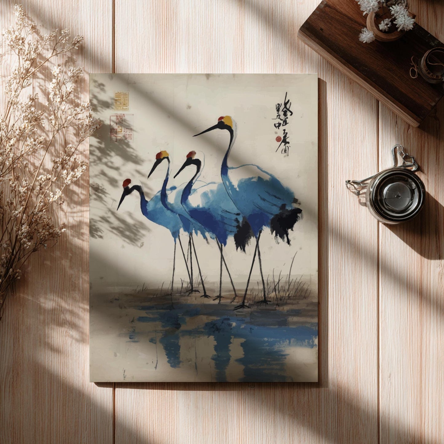 Cranes Reflection Poster – Serene Japanese Water Art Print