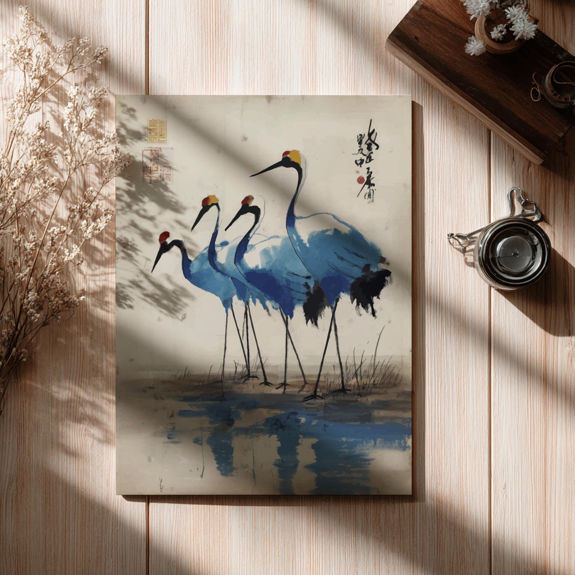 Cranes Reflection Poster – Serene Japanese Water Art Print