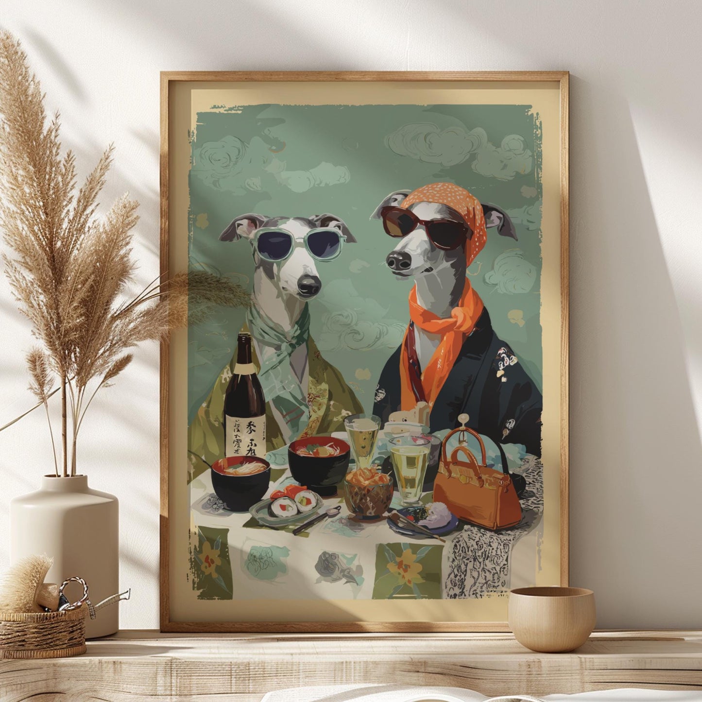 Greyhound Dog Kimono Poster – Japanese Style Animal Couple Art Print