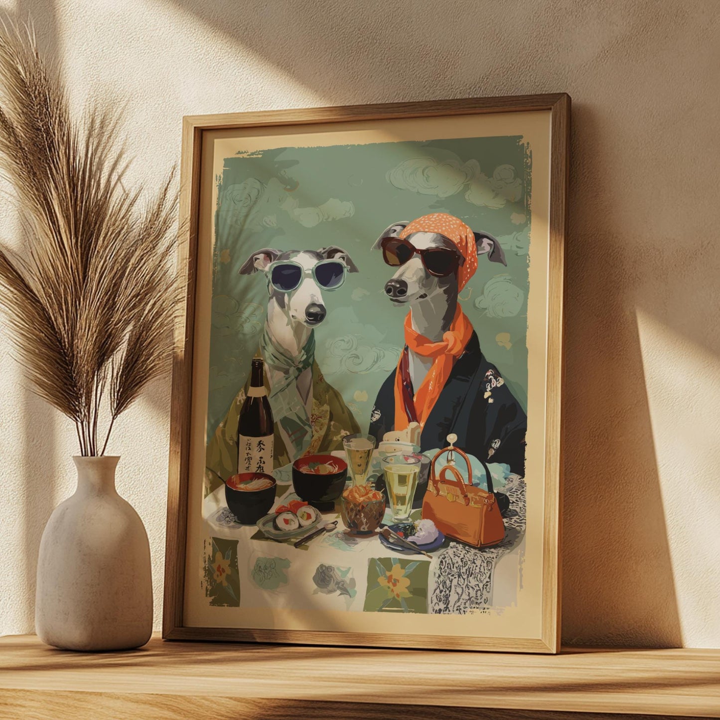 Greyhound Dog Kimono Poster – Japanese Style Animal Couple Art Print