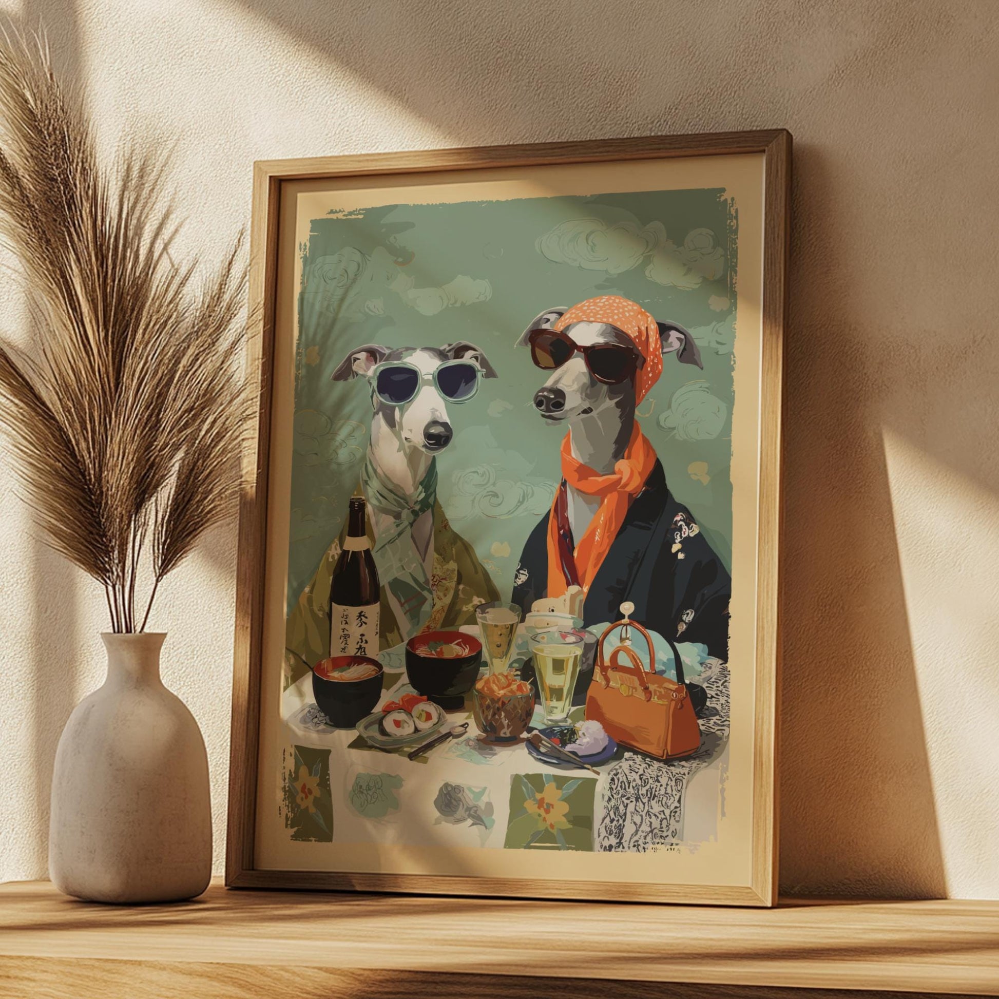 Greyhound Dog Kimono Poster – Japanese Style Animal Couple Art Print