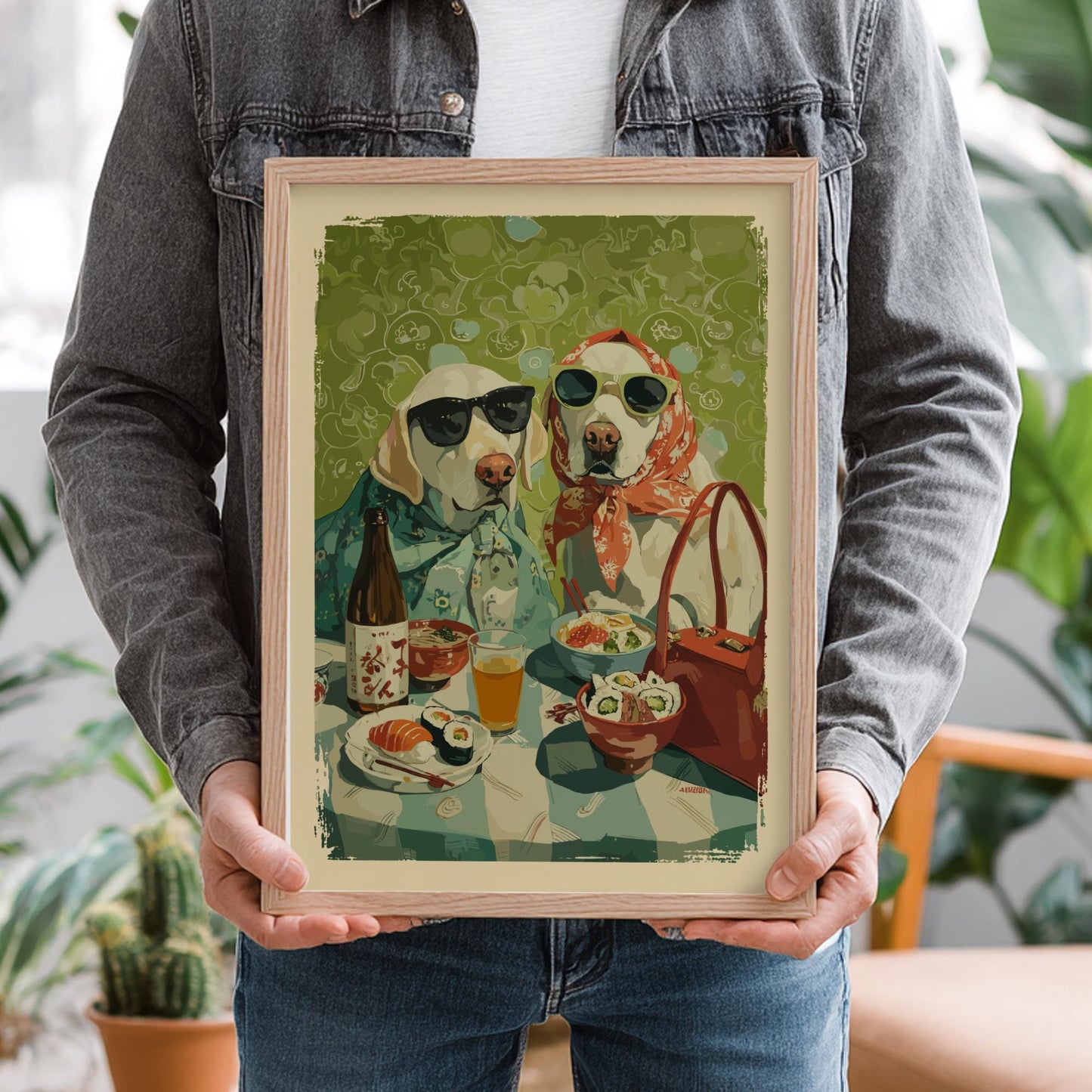 Golden Retriever Dog Dinner Poster – Whimsical Asian Cuisine Animal Print