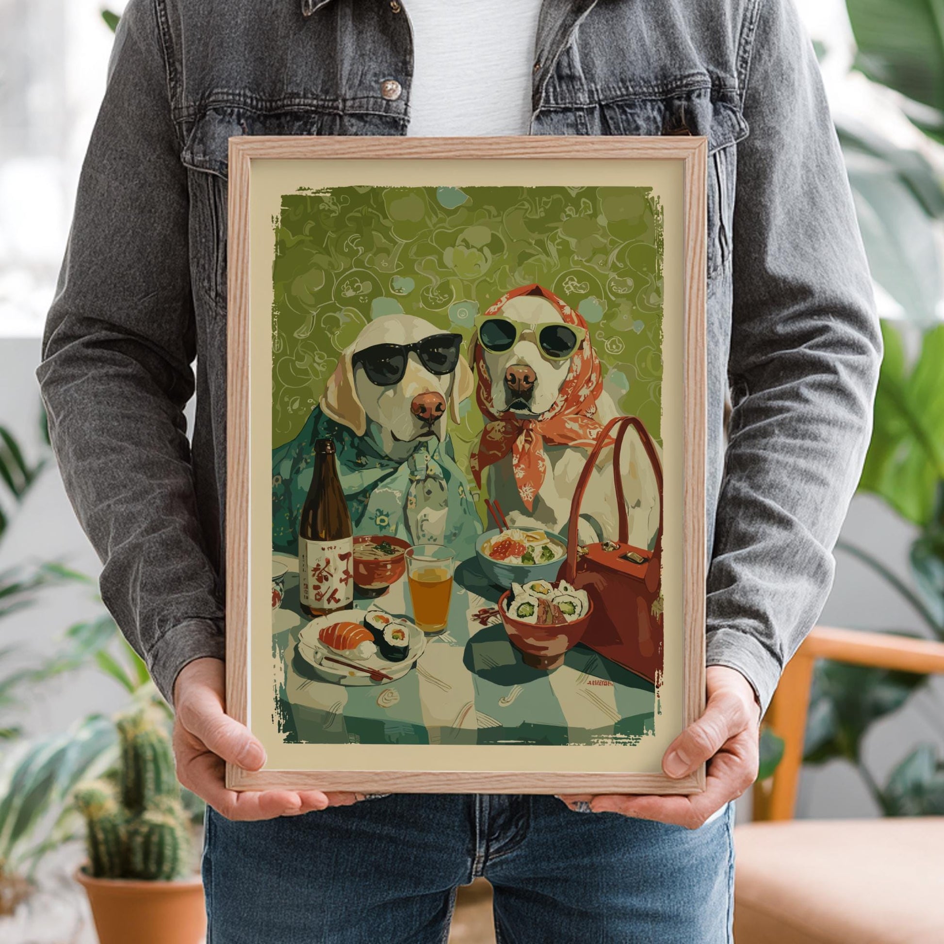 Golden Retriever Dog Dinner Poster – Whimsical Asian Cuisine Animal Print