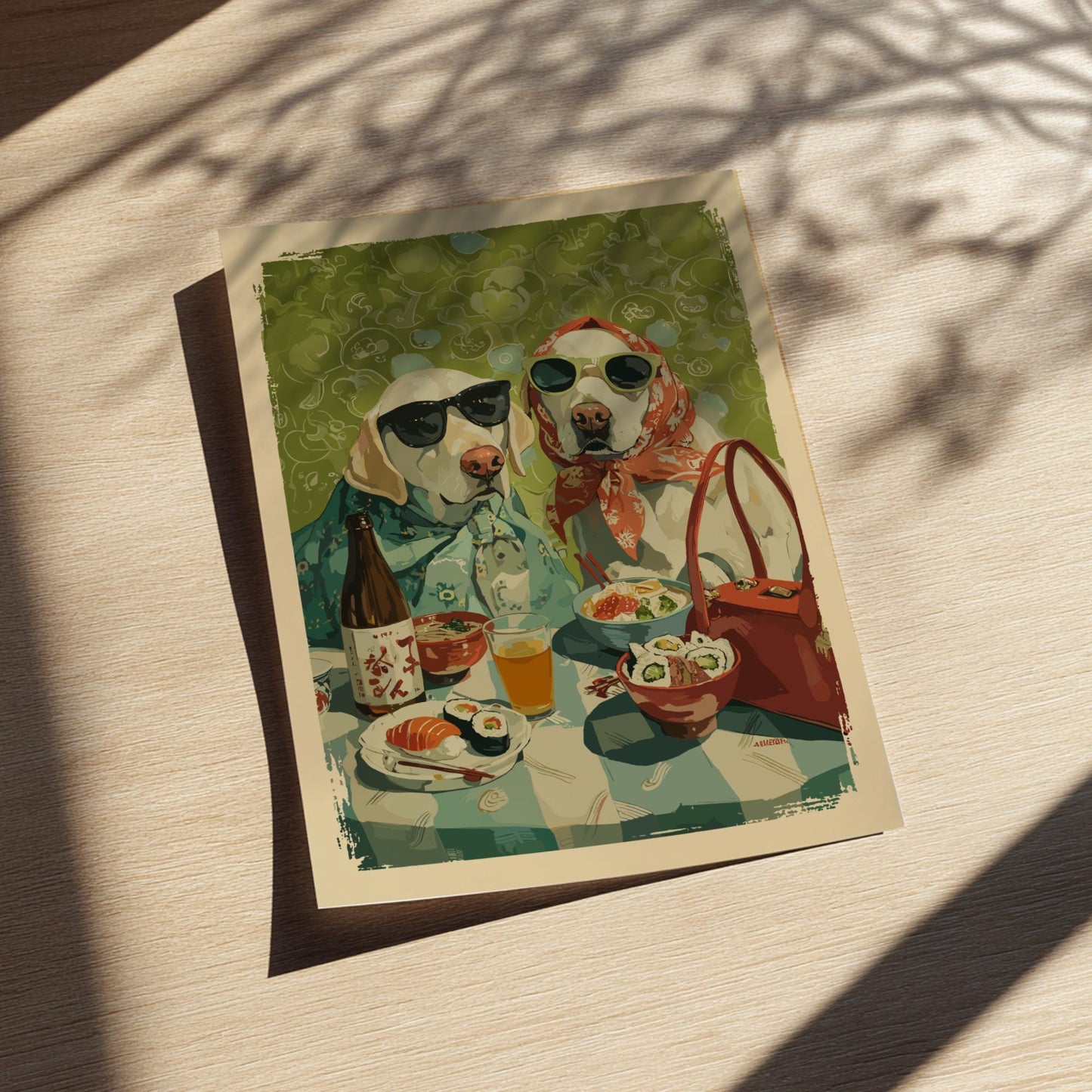 Golden Retriever Dog Dinner Poster – Whimsical Asian Cuisine Animal Print