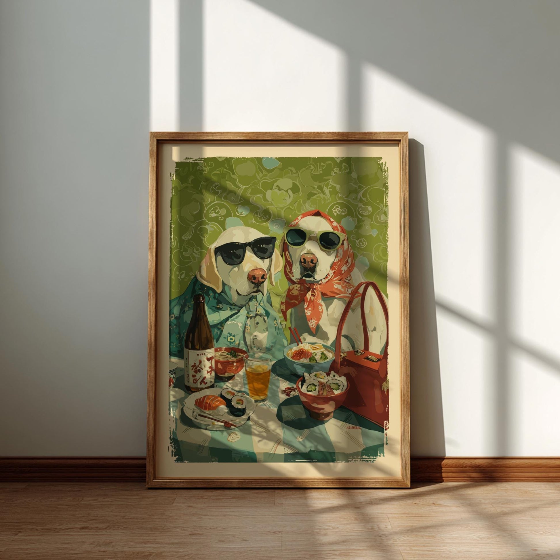 Golden Retriever Dog Dinner Poster – Whimsical Asian Cuisine Animal Print