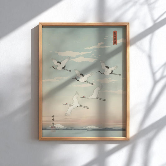 Flying Cranes Poster – Minimal Japanese Landscape Print