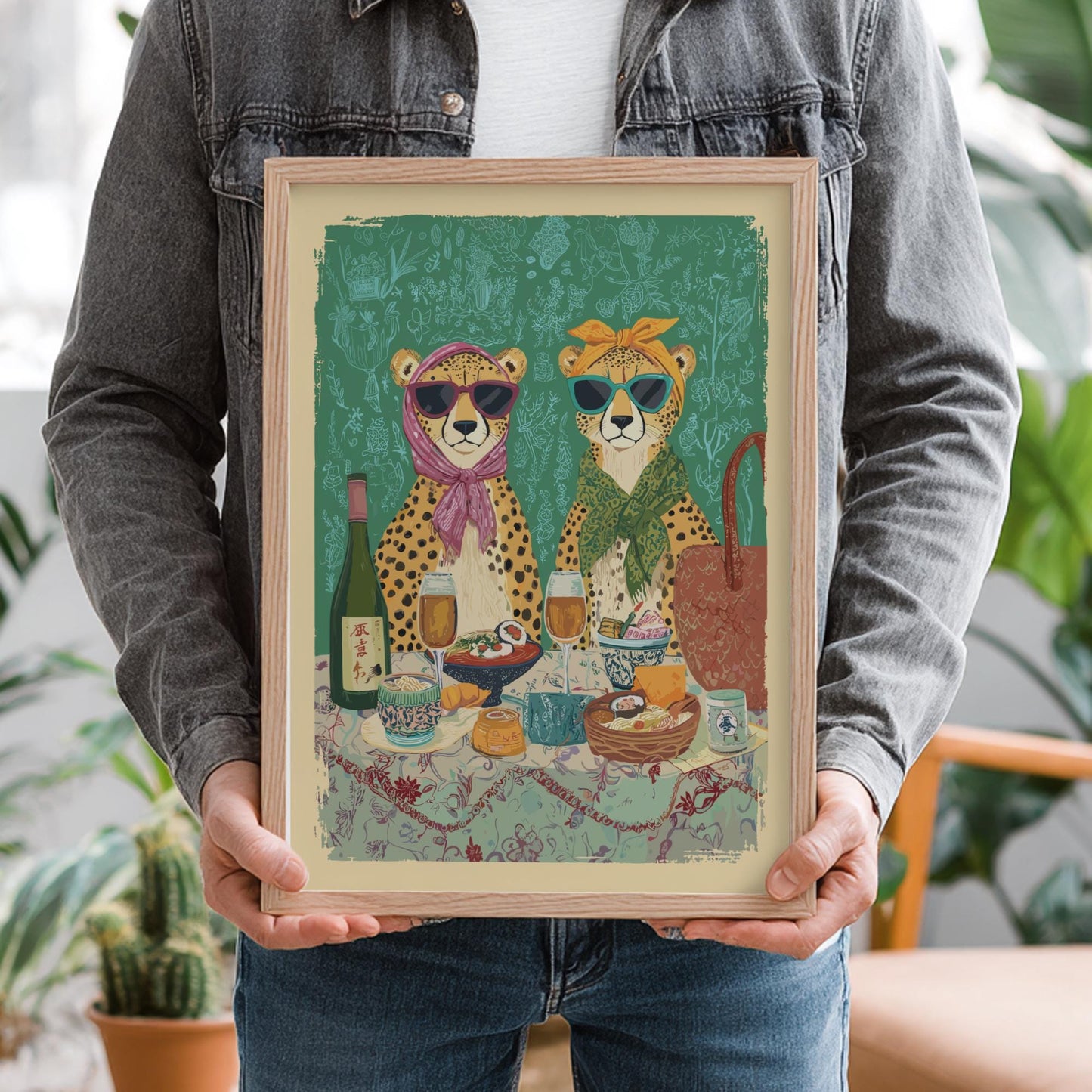 Cheetah Tea Party Poster – Vintage Japanese Cafe Wall Art