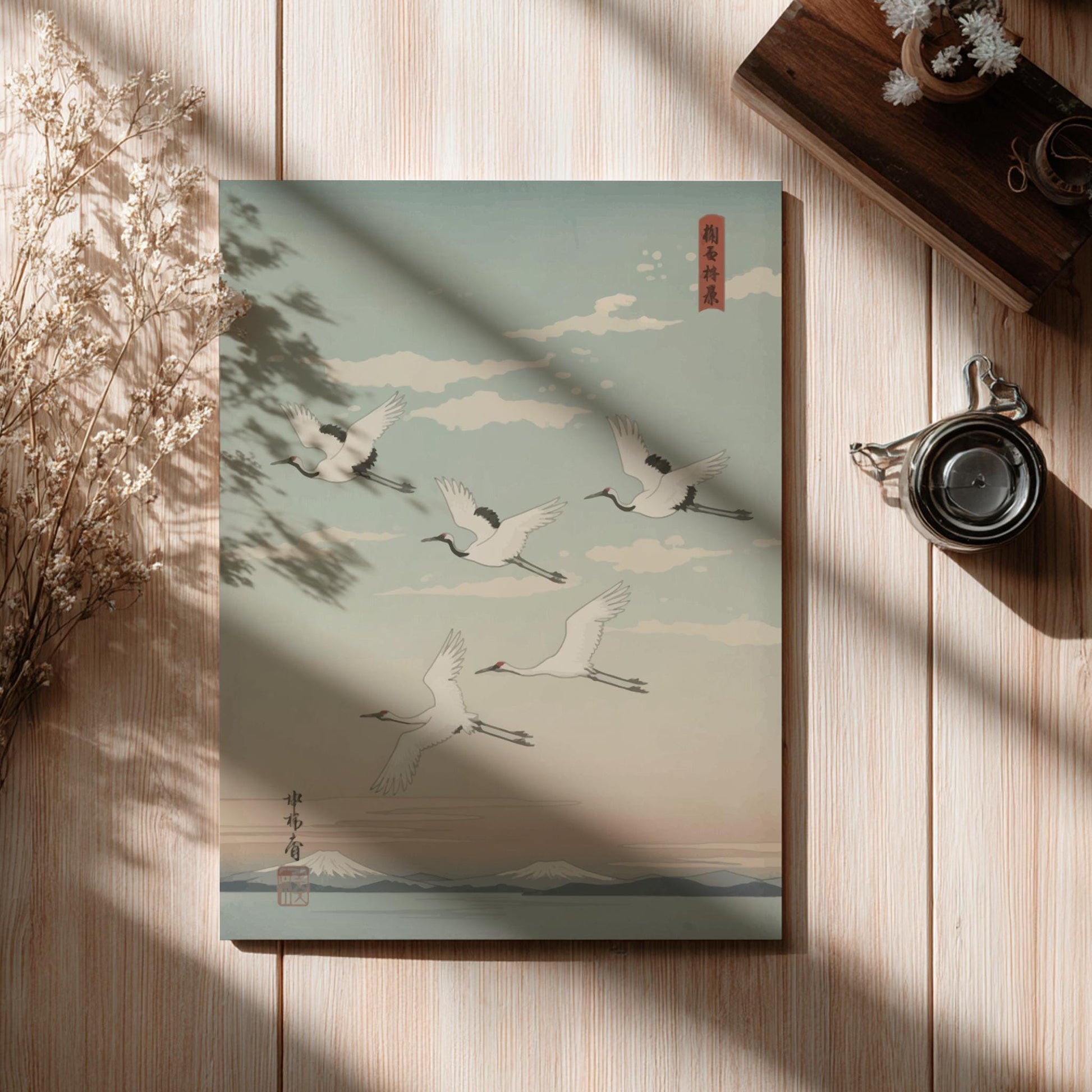 Flying Cranes Poster – Minimal Japanese Landscape Print
