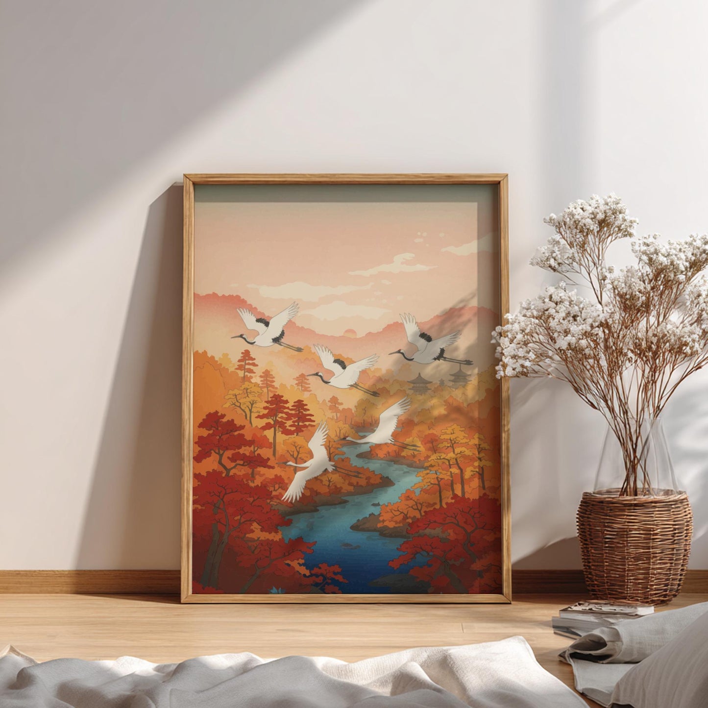 Autumn Cranes Poster – Vintage Japanese River Art Print