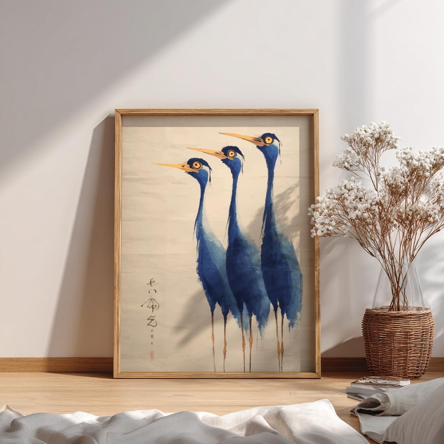 Blue Crane Poster – Elegant Minimal Japanese Bird Art