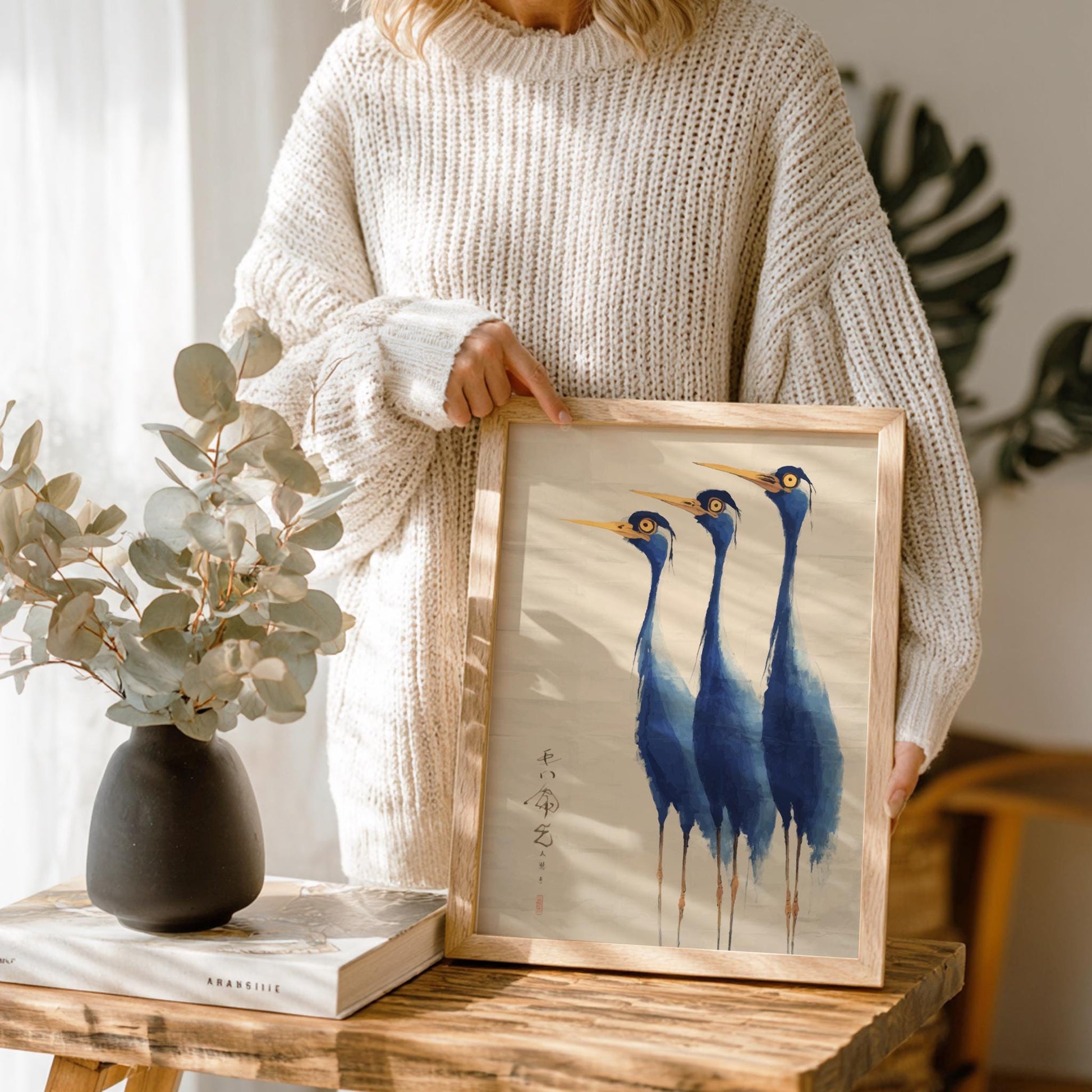 Blue Crane Poster – Elegant Minimal Japanese Bird Art