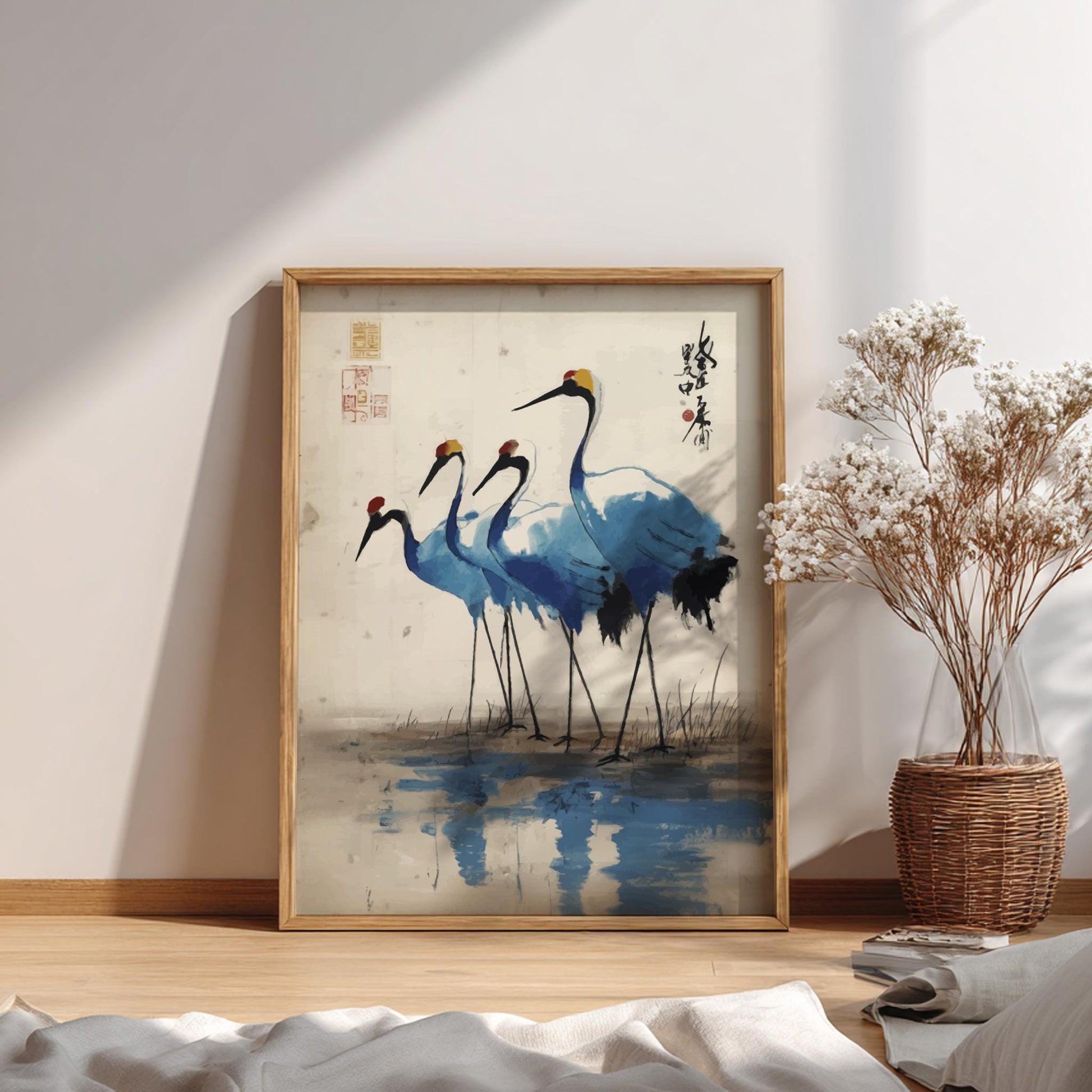 Cranes Reflection Poster – Serene Japanese Water Art Print