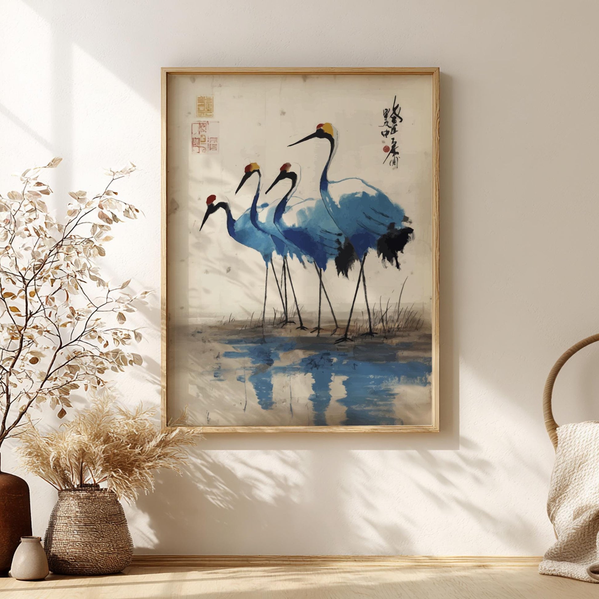 Cranes Reflection Poster – Serene Japanese Water Art Print