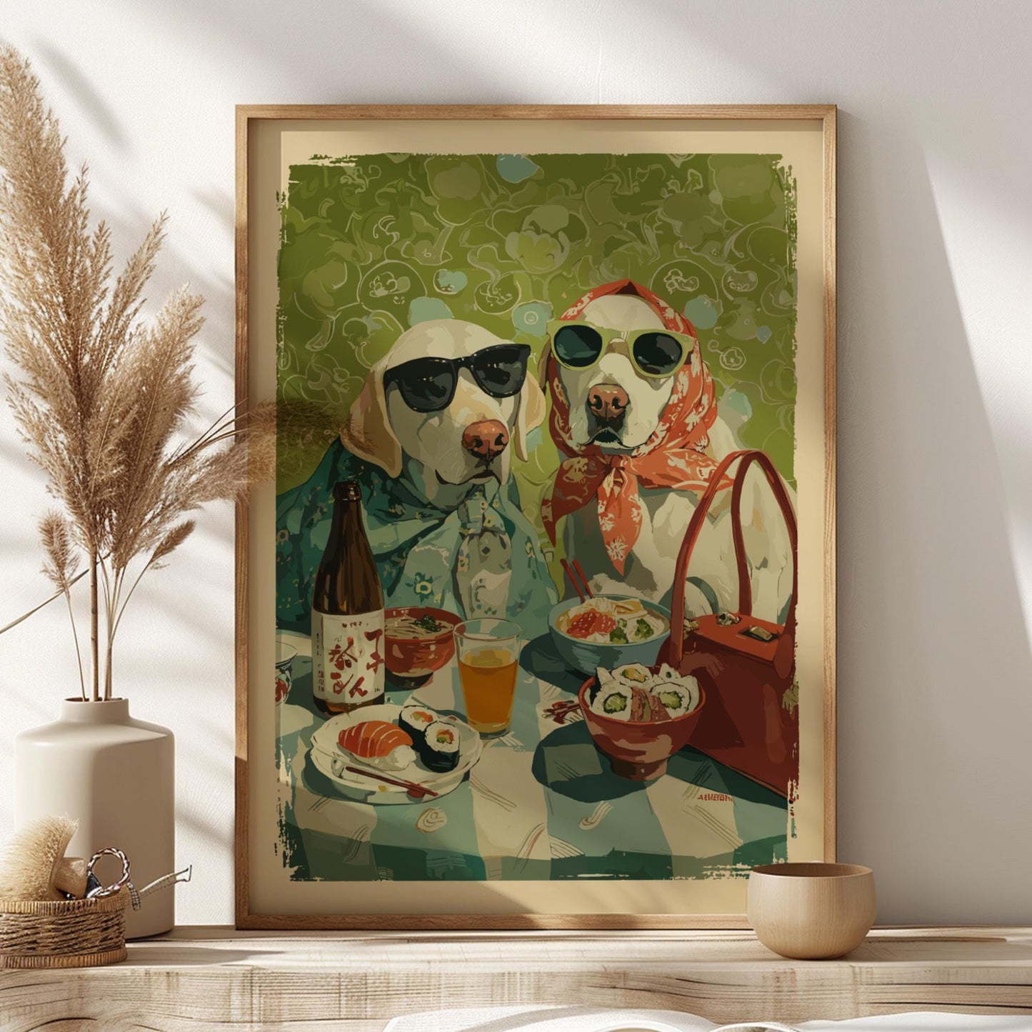 Golden Retriever Dog Dinner Poster – Whimsical Asian Cuisine Animal Print