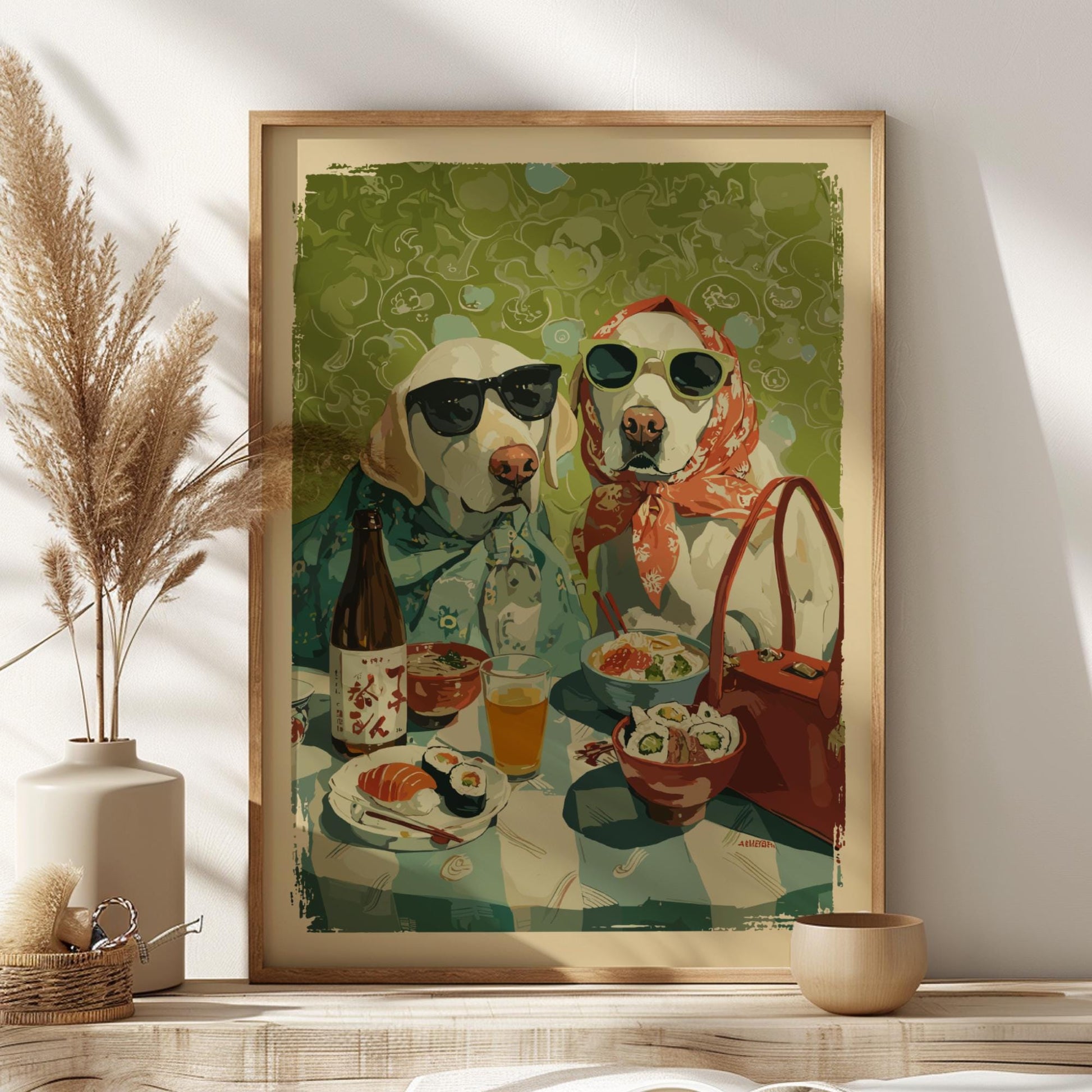 Golden Retriever Dog Dinner Poster – Whimsical Asian Cuisine Animal Print