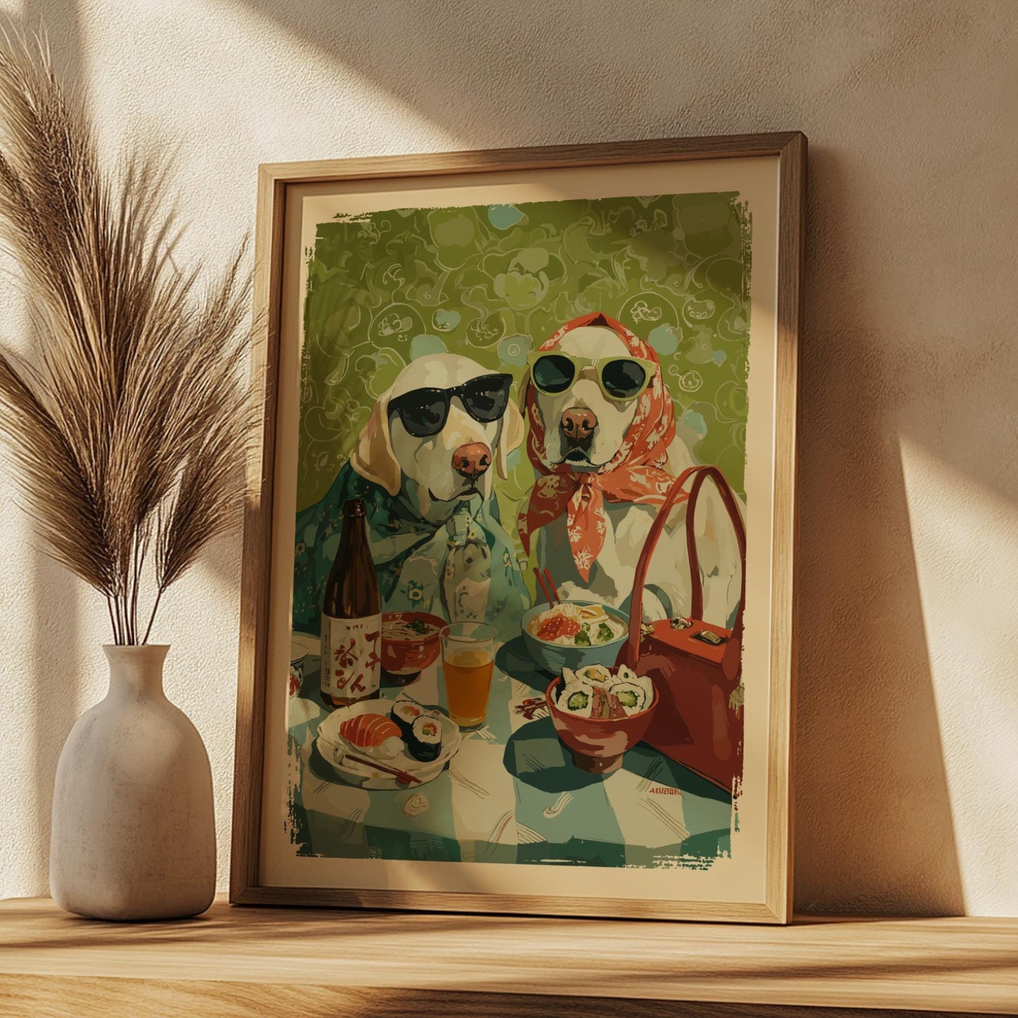 Golden Retriever Dog Dinner Poster – Whimsical Asian Cuisine Animal Print