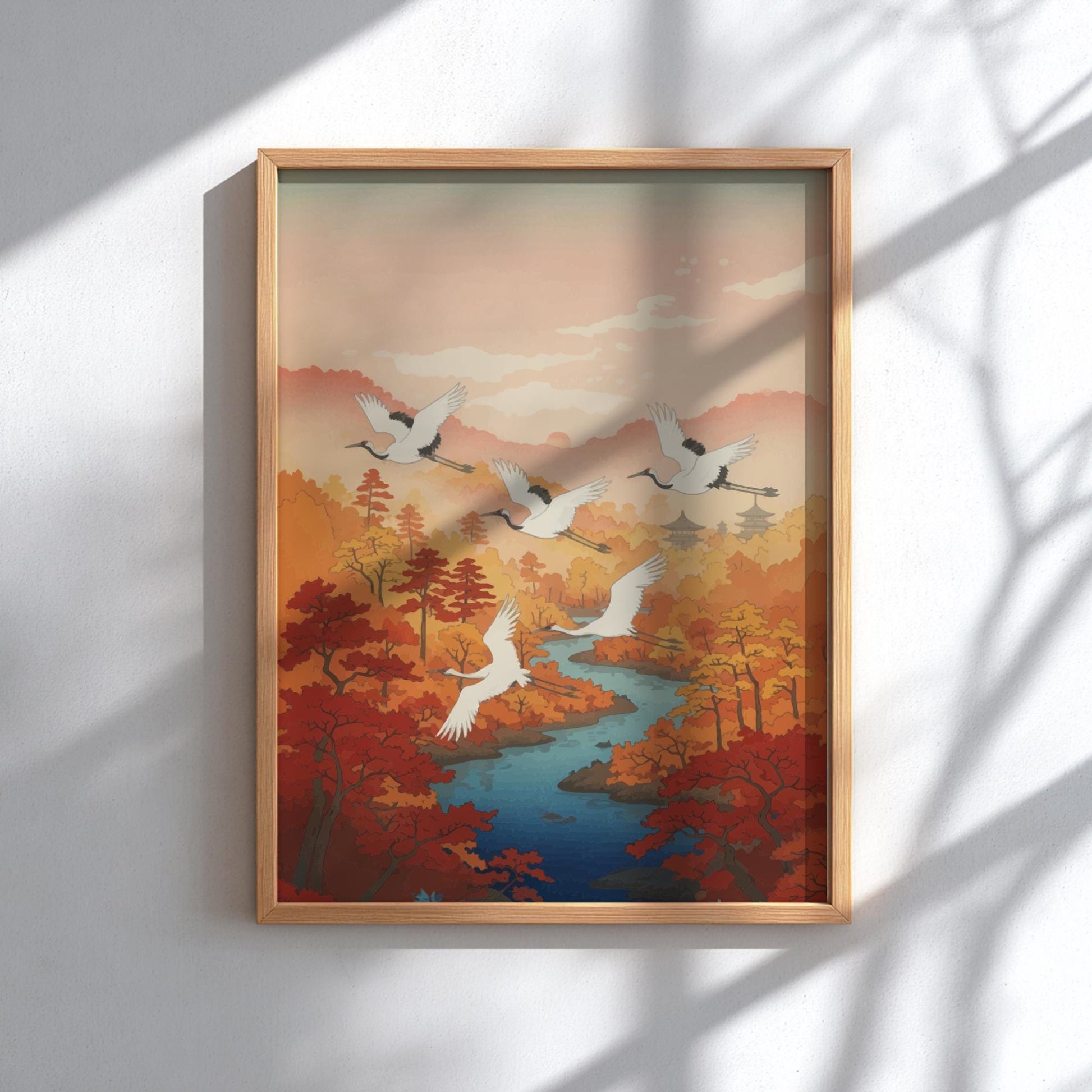 Autumn Cranes Poster – Vintage Japanese River Art Print