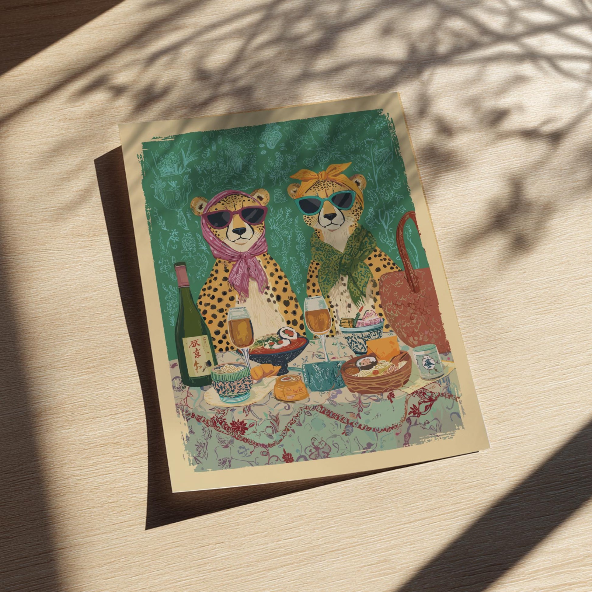 Cheetah Tea Party Poster – Vintage Japanese Cafe Wall Art