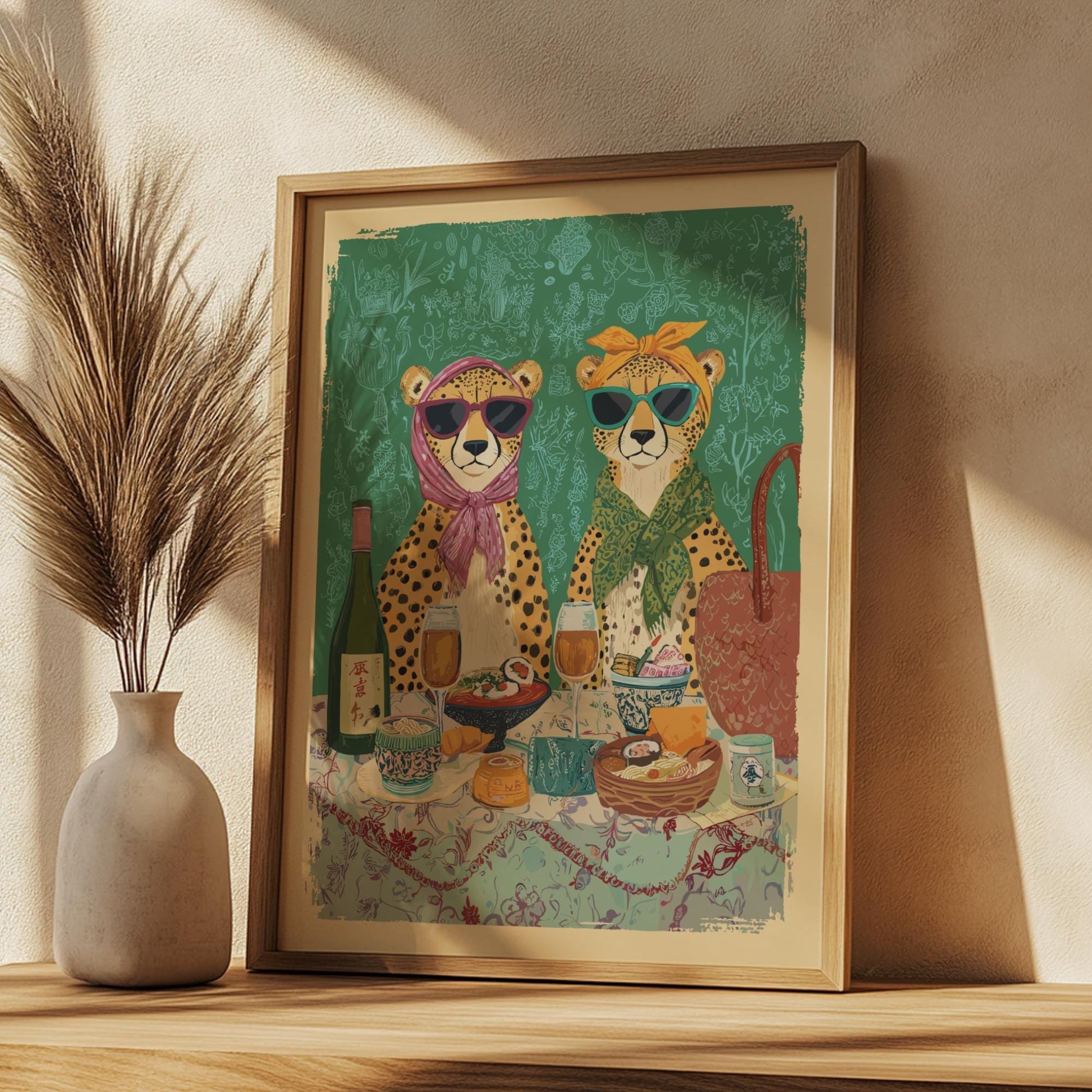 Cheetah Tea Party Poster – Vintage Japanese Cafe Wall Art