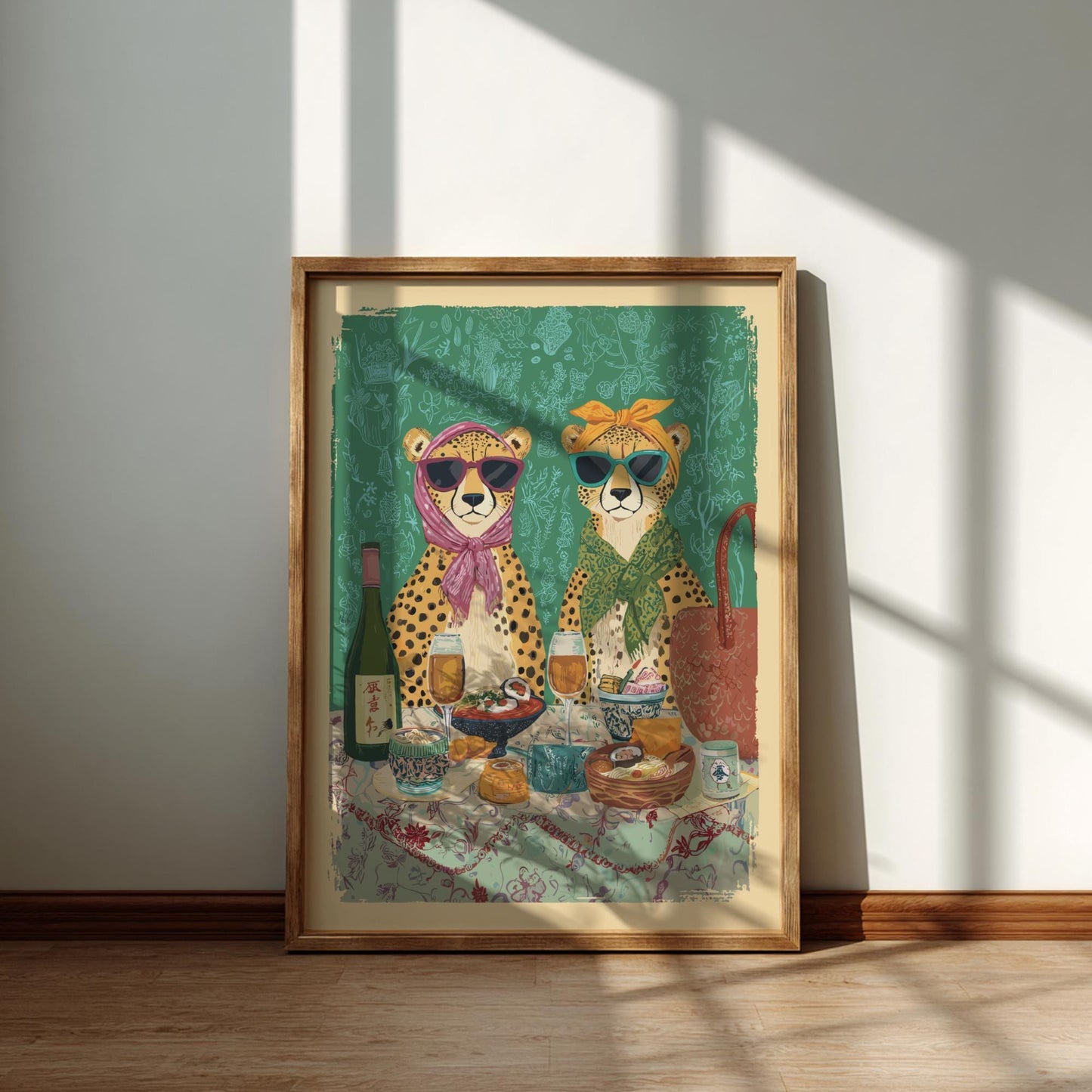 Cheetah Tea Party Poster – Vintage Japanese Cafe Wall Art