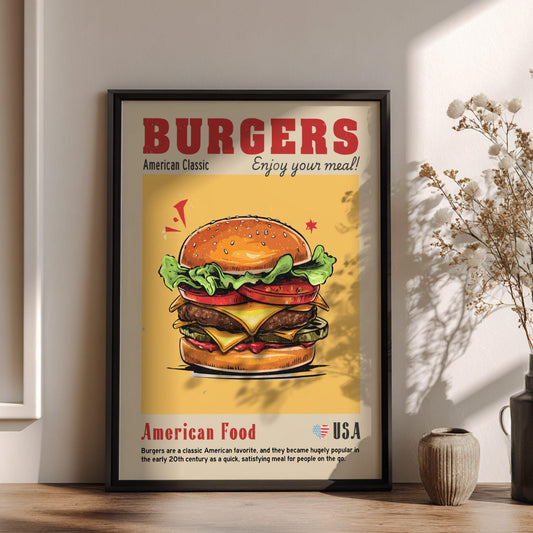 American Burgers Poster: USA Food Kitchen Print