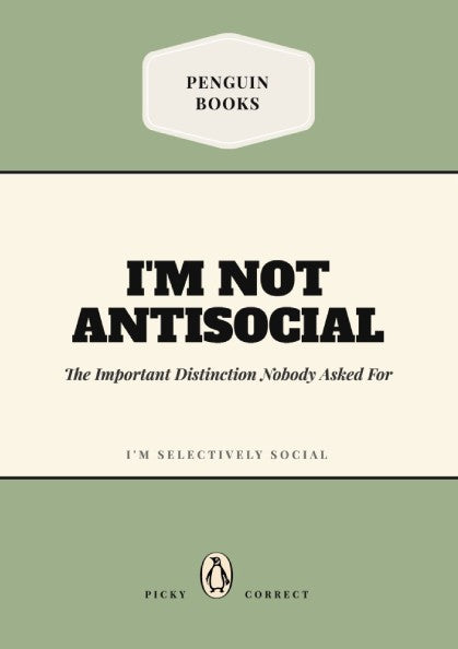Funny quote poster featuring a penguin book illustration with playful typography and soft colors.