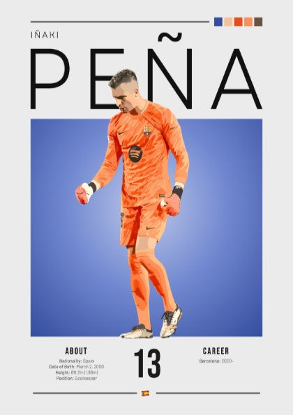 Iñaki Peña sports poster featuring a goalkeeper in an orange kit against a blue background, vibrant wall art