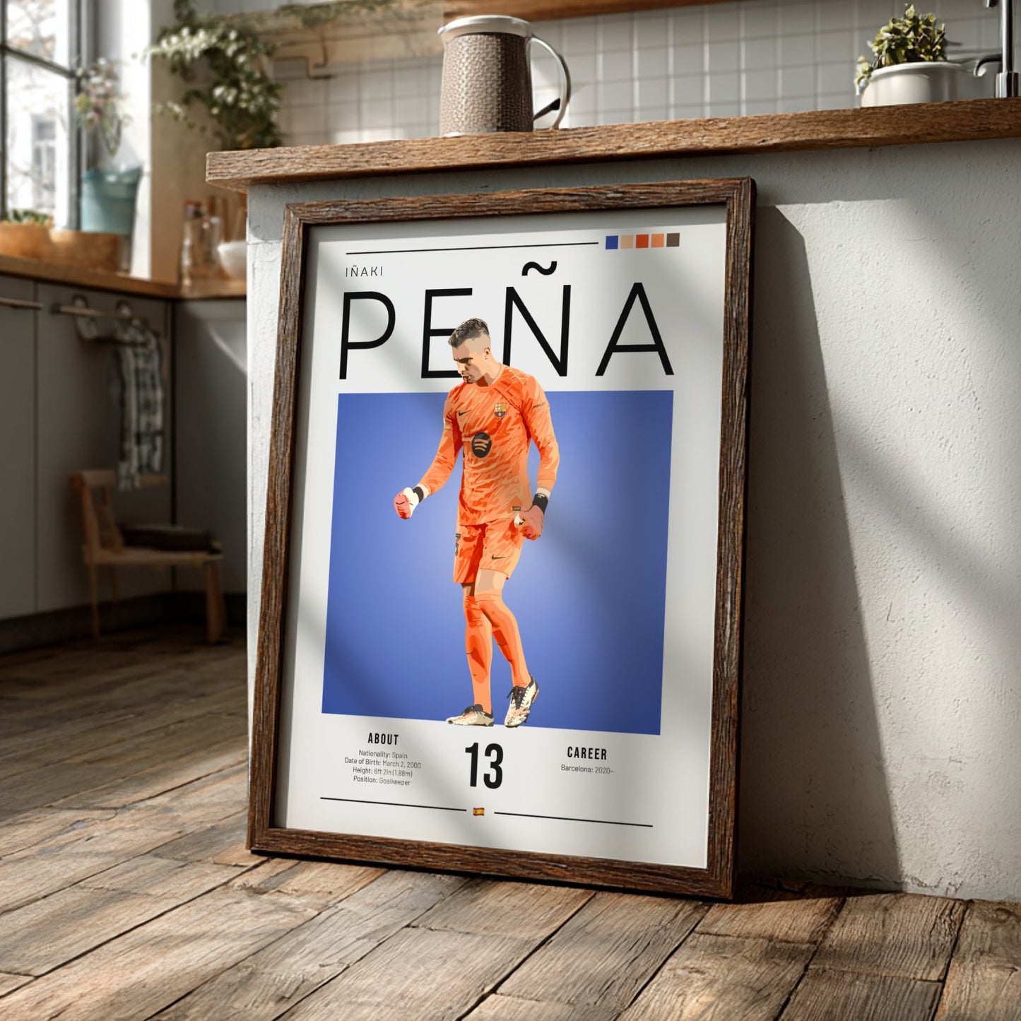 Iñaki Peña sports poster featuring a goalkeeper in an orange kit against a blue background, vibrant wall art