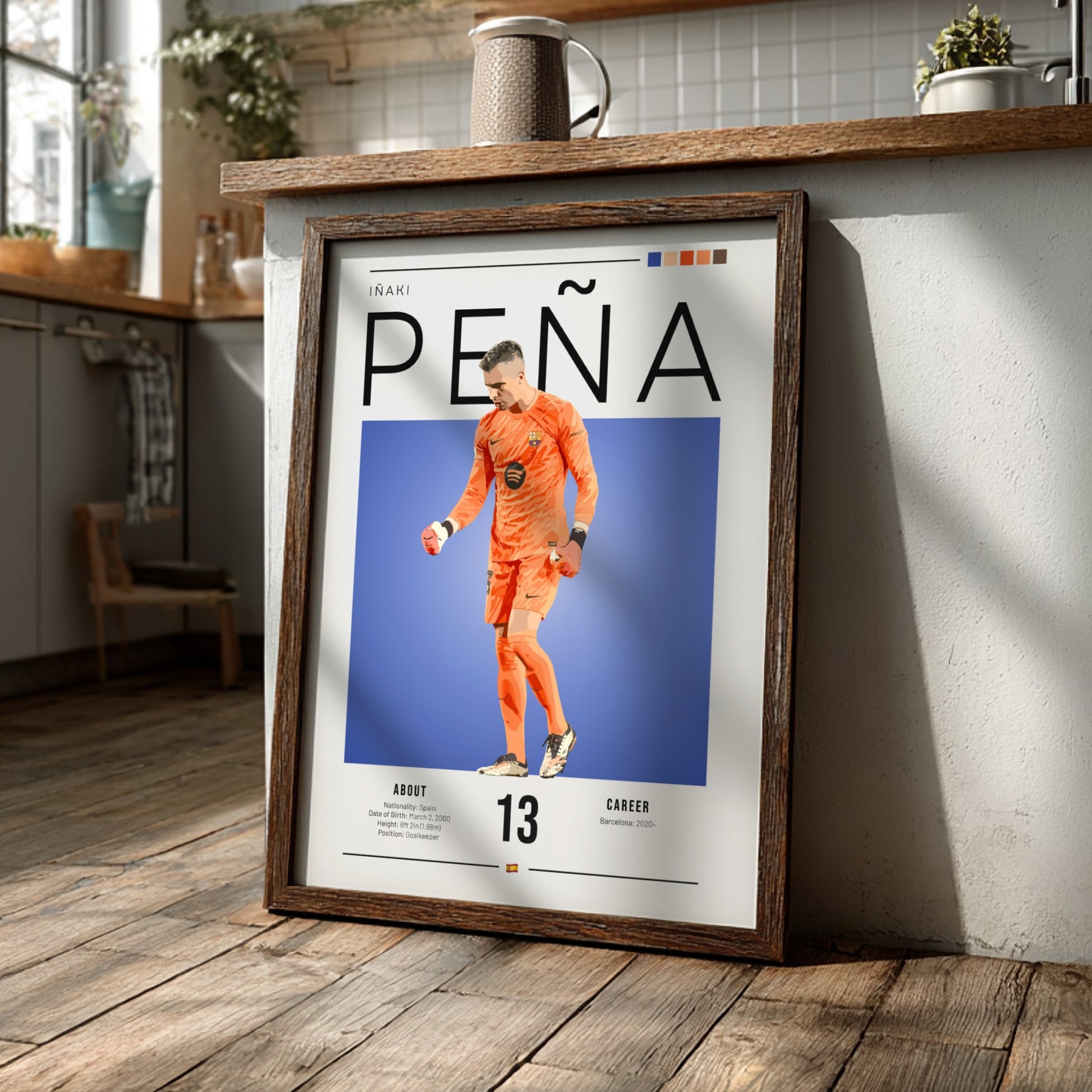 Iñaki Peña sports poster featuring a goalkeeper in an orange kit against a blue background, vibrant wall art