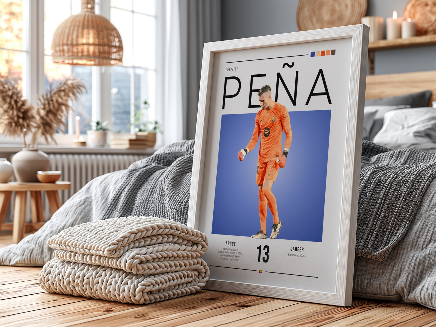Iñaki Peña sports poster featuring a goalkeeper in an orange kit against a blue background, vibrant wall art