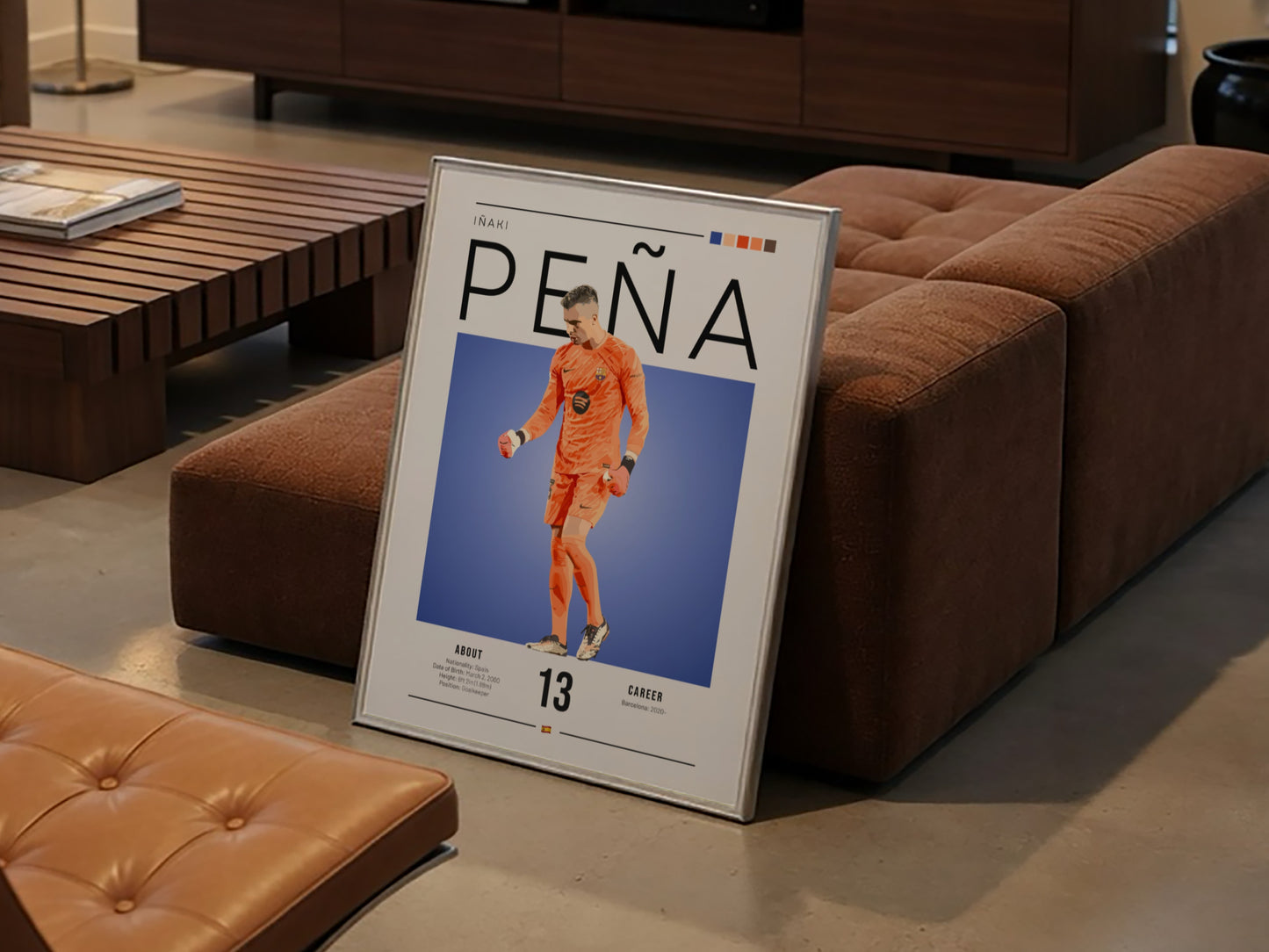 Iñaki Peña sports poster featuring a goalkeeper in an orange kit against a blue background, vibrant wall art