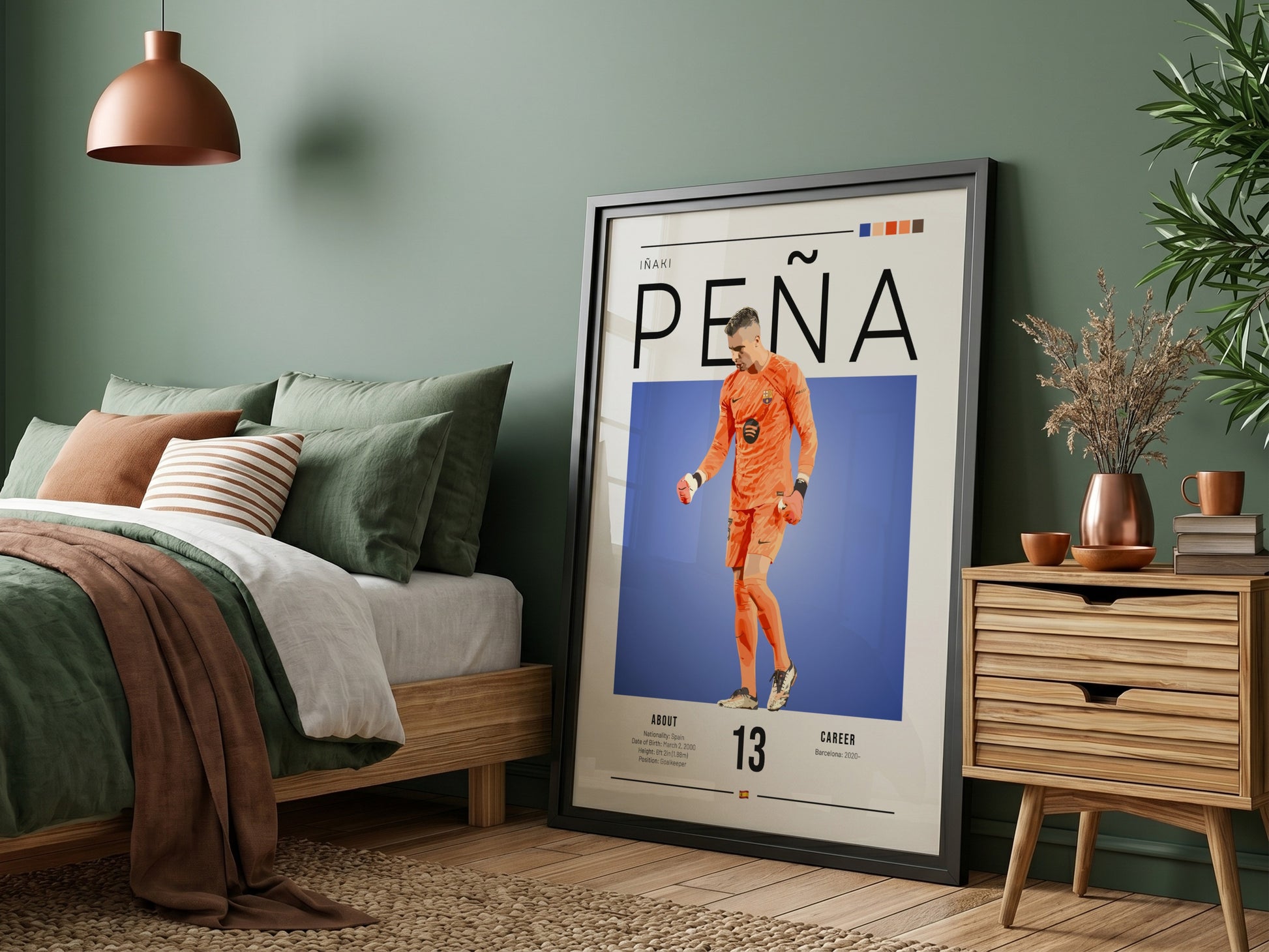 Iñaki Peña sports poster featuring a goalkeeper in an orange kit against a blue background, vibrant wall art