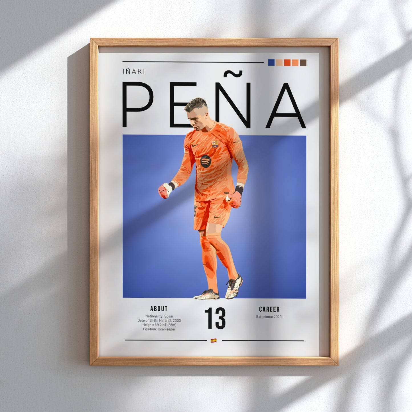 Iñaki Peña sports poster featuring a goalkeeper in an orange kit against a blue background, vibrant wall art