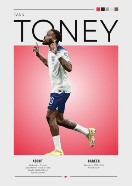 Ivan Toney poster featuring England National Team colors and dynamic football action style