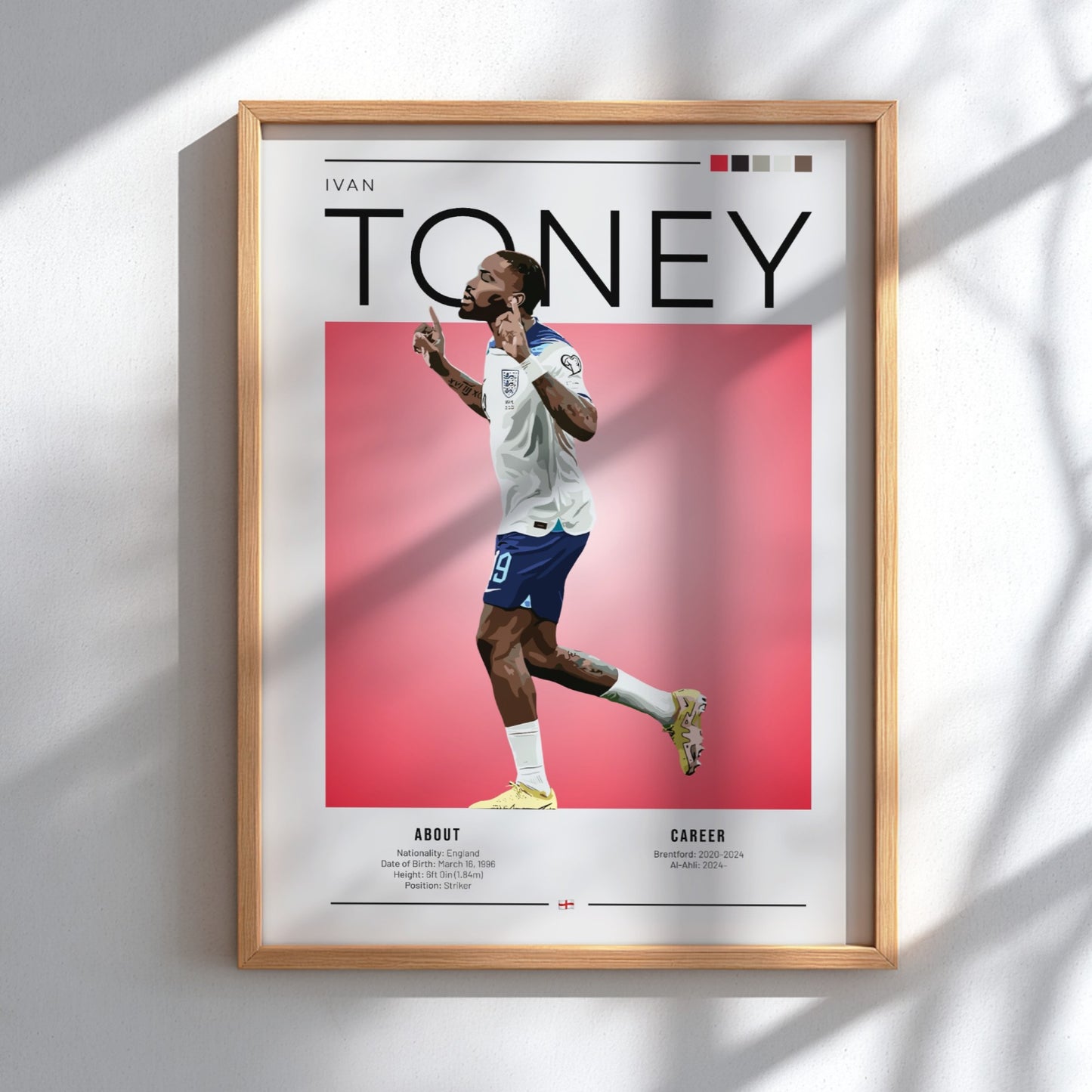 Ivan Toney poster featuring England National Team colors and dynamic football action style