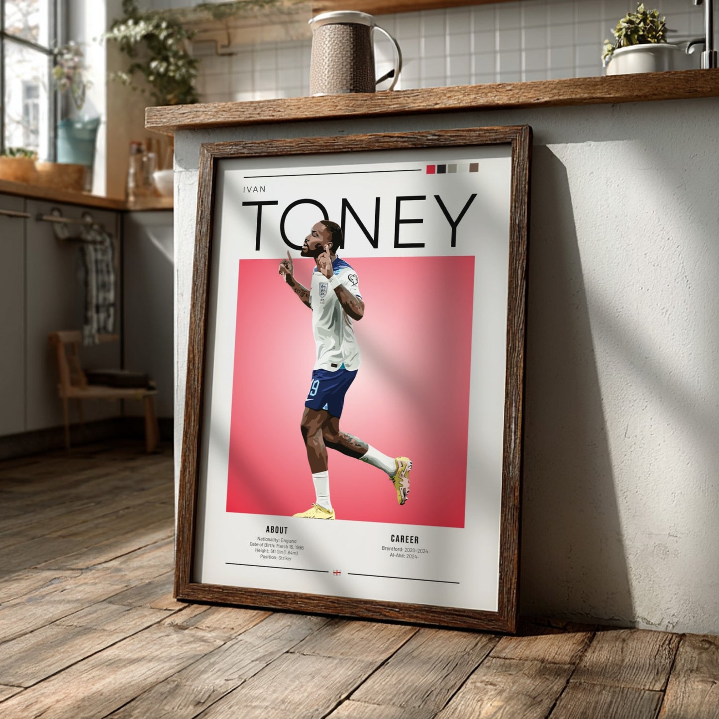 Ivan Toney poster featuring England National Team colors and dynamic football action style