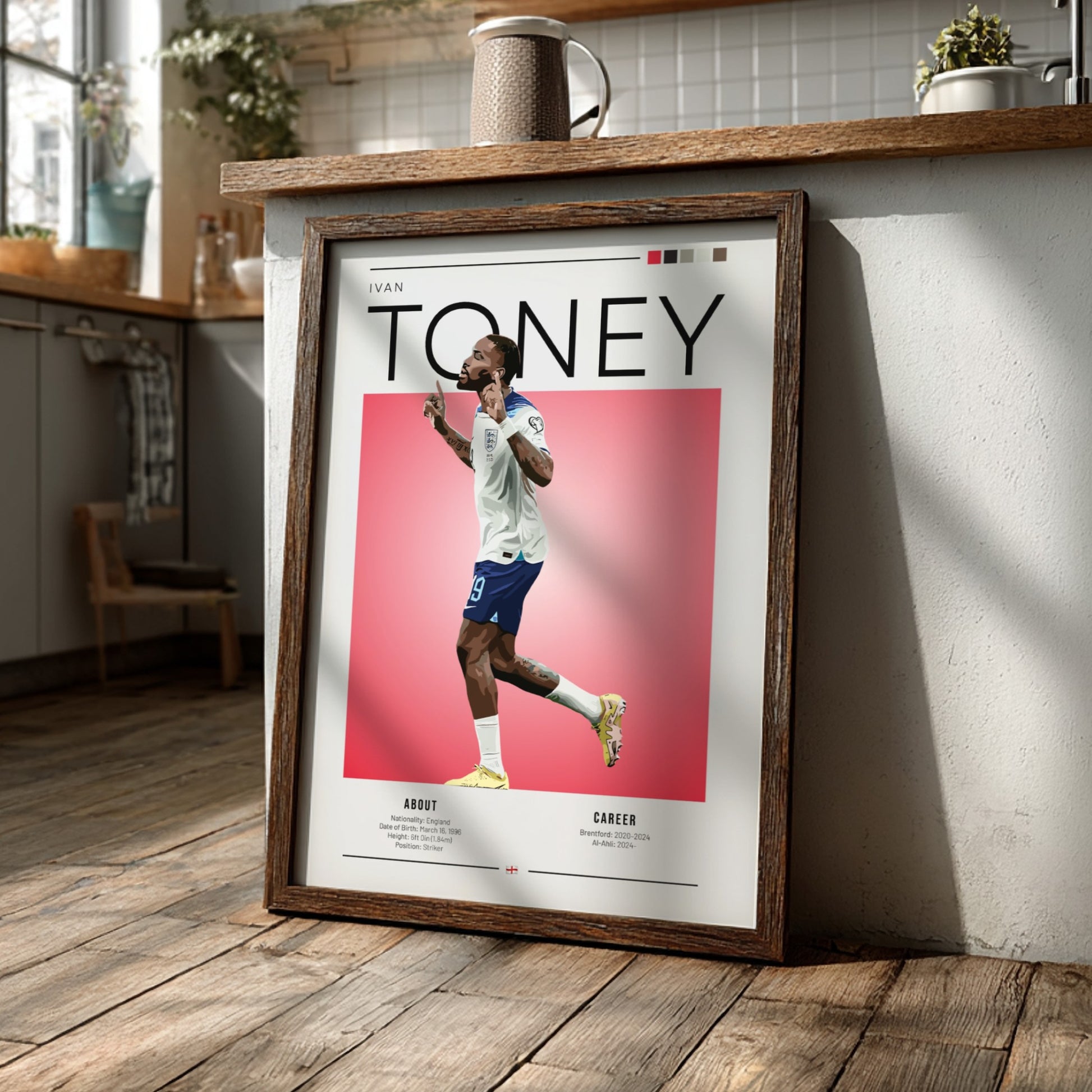 Ivan Toney poster featuring England National Team colors and dynamic football action style