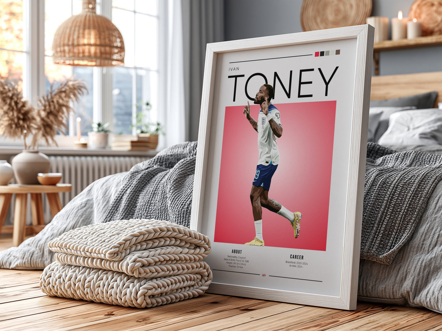 Ivan Toney poster featuring England National Team colors and dynamic football action style