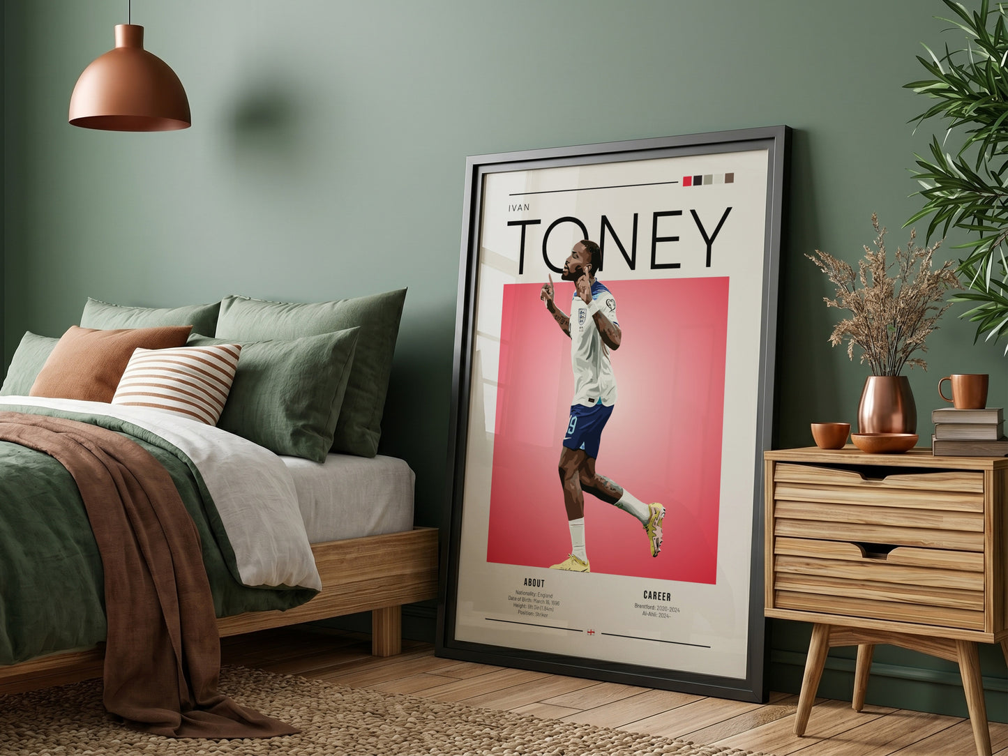Ivan Toney poster featuring England National Team colors and dynamic football action style
