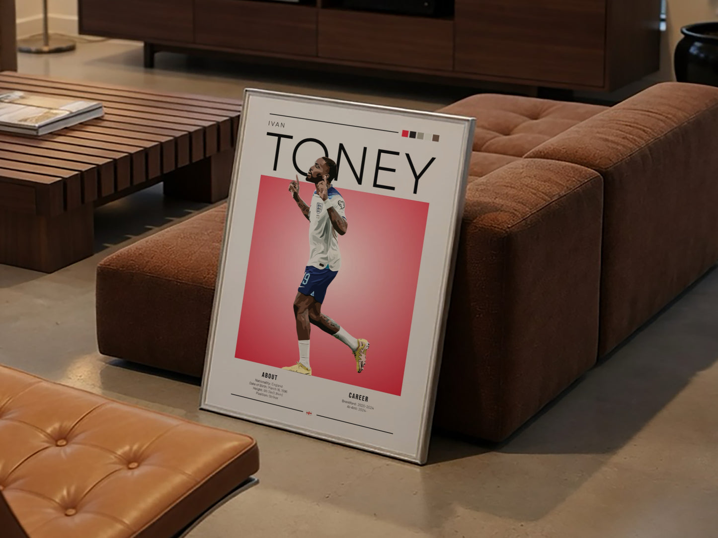 Ivan Toney poster featuring England National Team colors and dynamic football action style